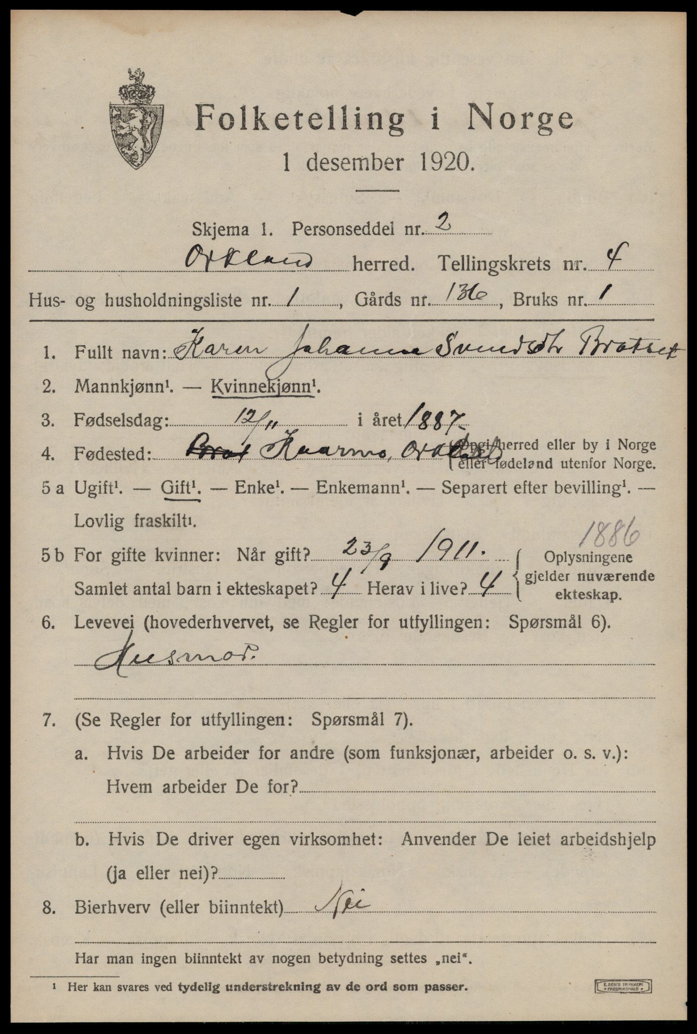 SAT, 1920 census for Orkland, 1920, p. 3336