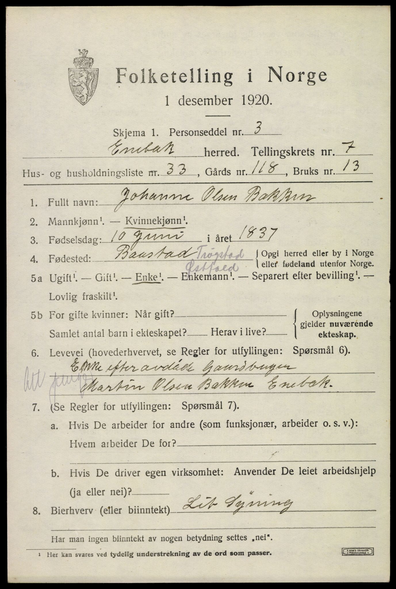 SAO, 1920 census for Enebakk, 1920, p. 6473