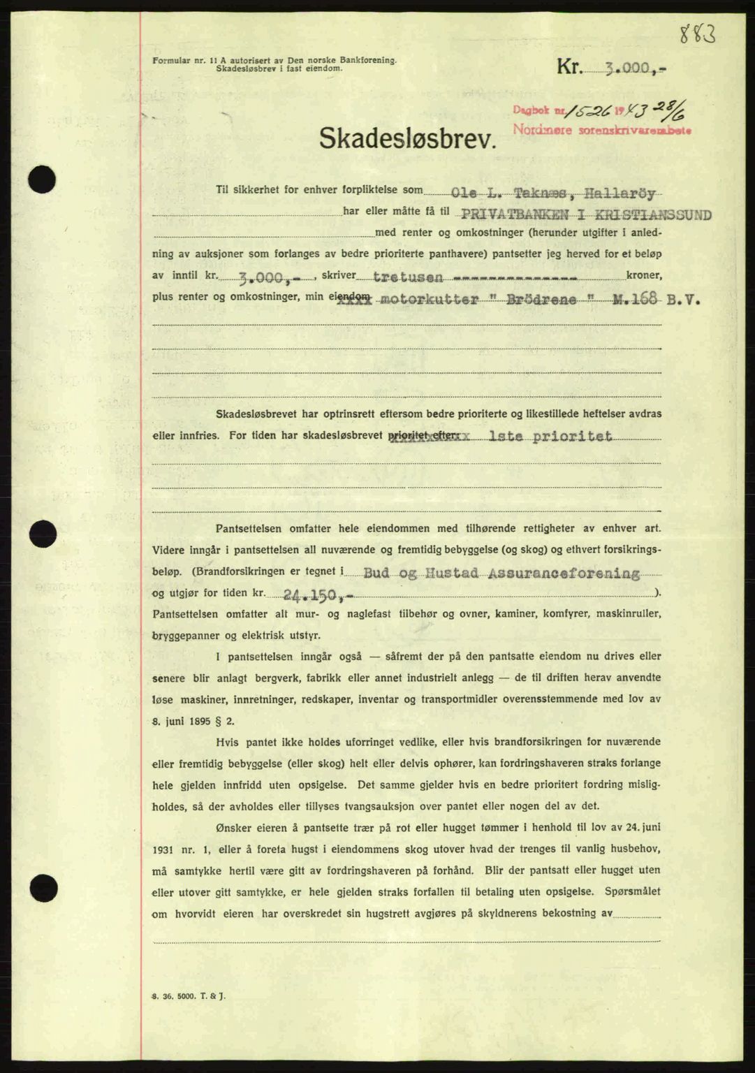 Nordmøre sorenskriveri, AV/SAT-A-4132/1/2/2Ca: Mortgage book no. B90, 1942-1943, Diary no: : 1526/1943