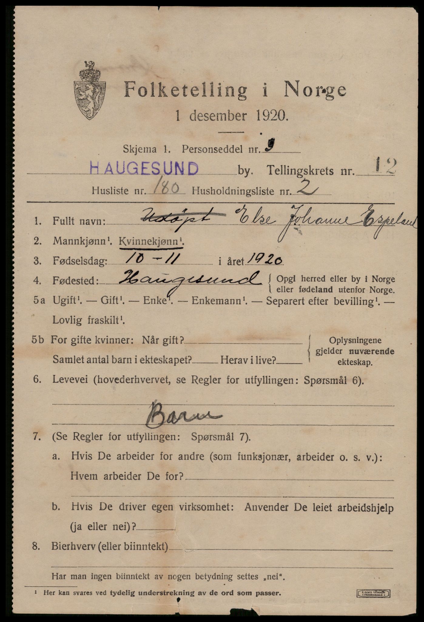 SAST, 1920 census for Haugesund, 1920, p. 41455