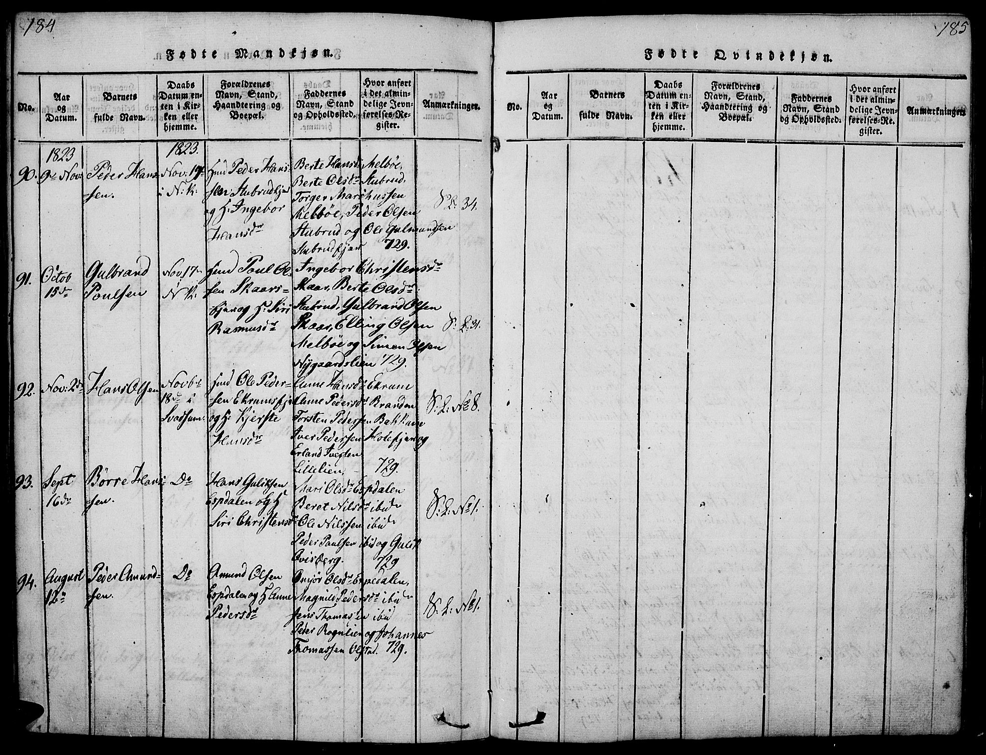 Gausdal prestekontor, SAH/PREST-090/H/Ha/Haa/L0005: Parish register (official) no. 5, 1817-1829, p. 184-185