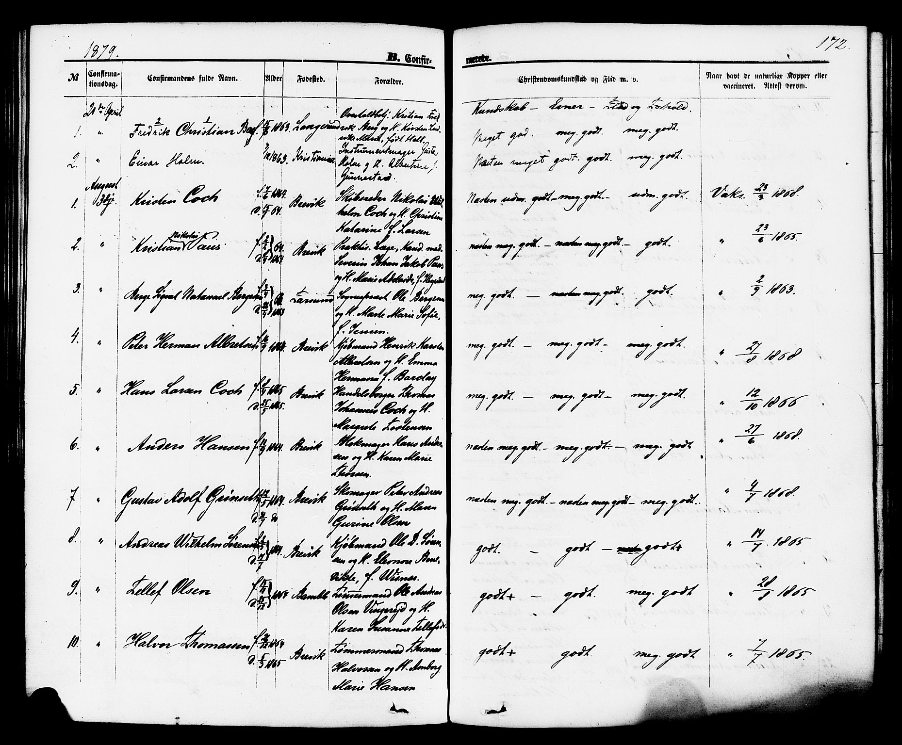 Brevik kirkebøker, SAKO/A-255/F/Fa/L0006: Parish register (official) no. 6, 1866-1881, p. 172