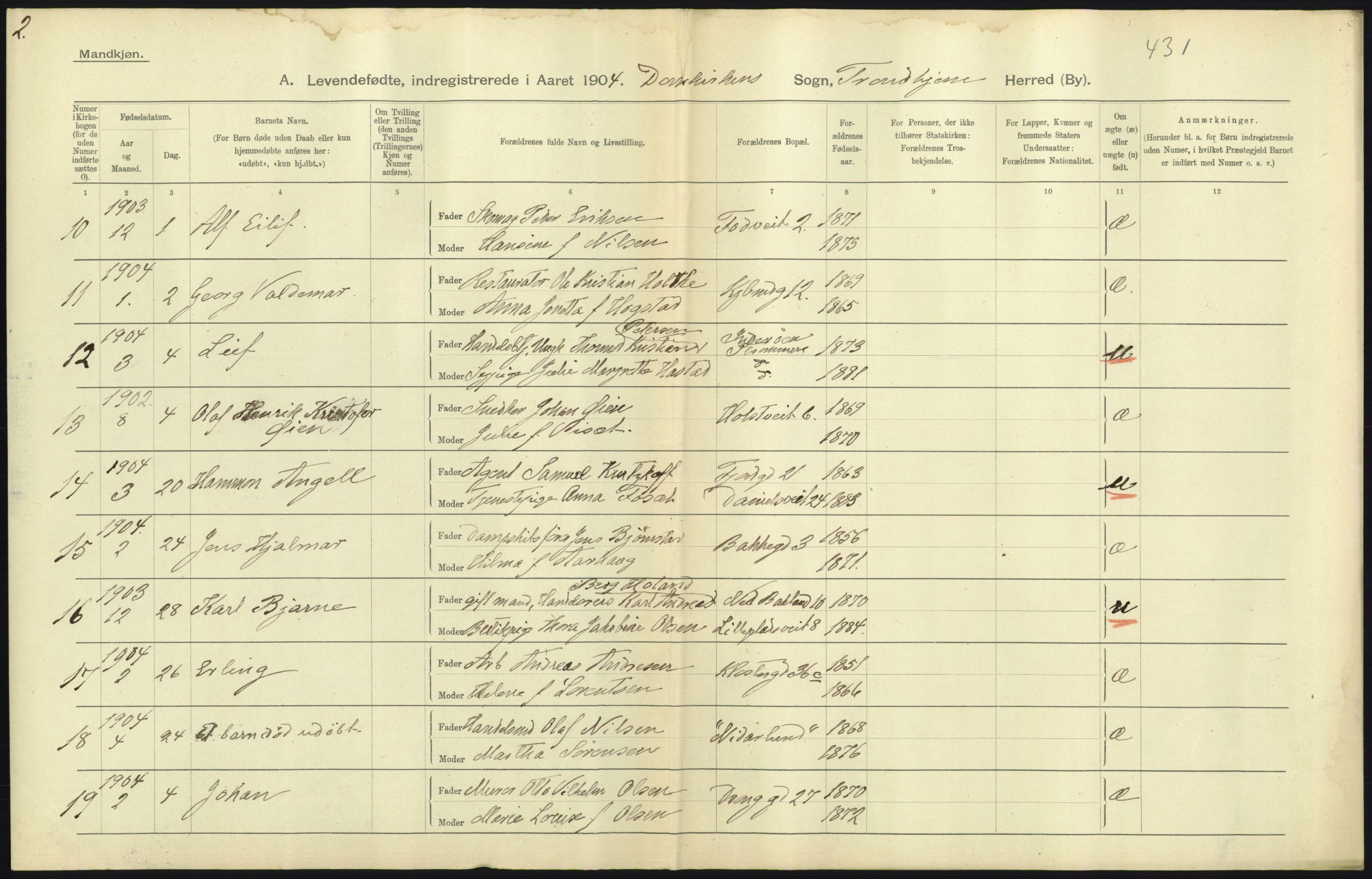 Statistisk sentralbyrå, Sosiodemografiske emner, Befolkning, AV/RA-S-2228/D/Df/Dfa/Dfab/L0018: Trondhjem: Fødte, gifte, døde., 1904, p. 183