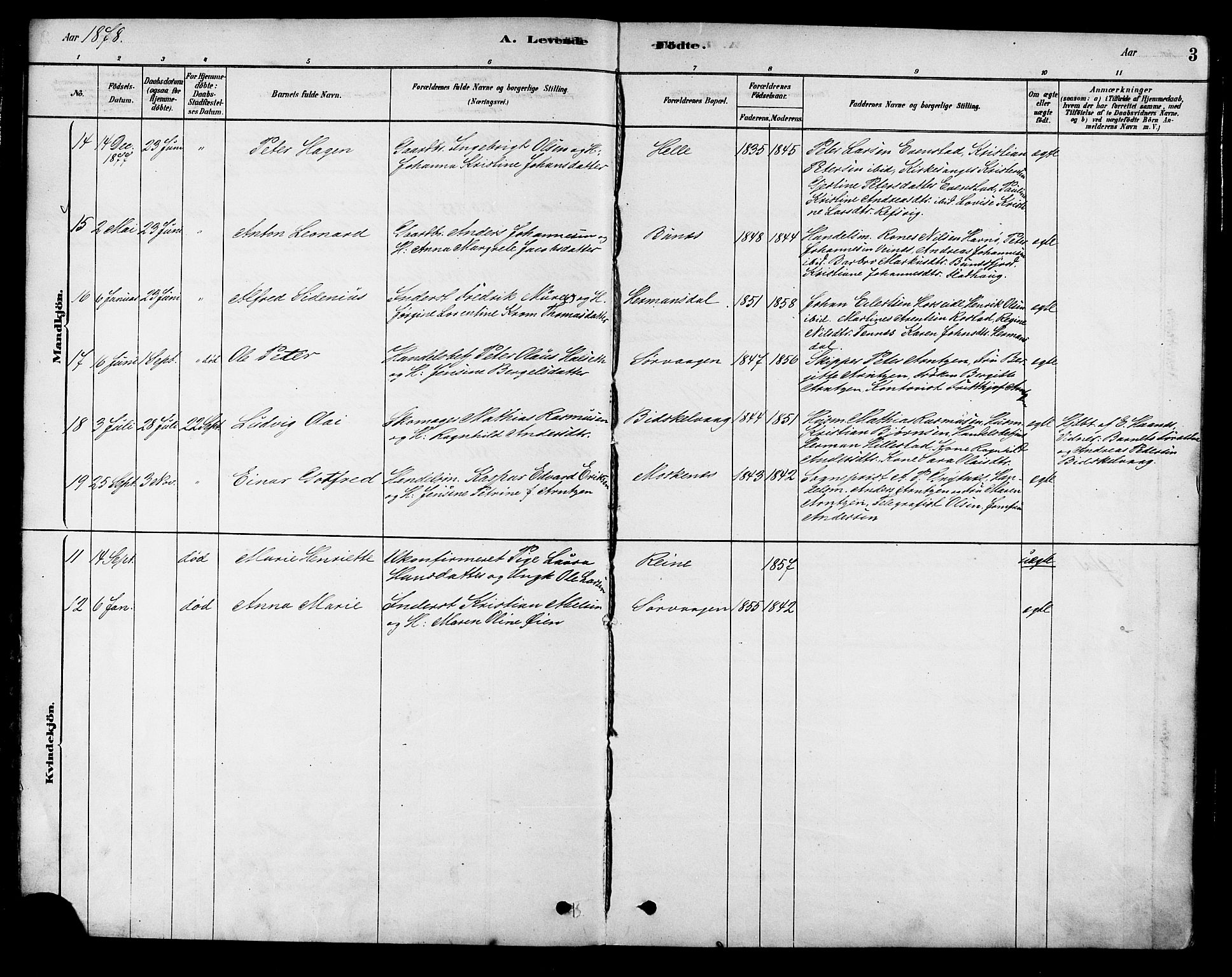 Ministerialprotokoller, klokkerbøker og fødselsregistre - Nordland, AV/SAT-A-1459/886/L1219: Parish register (official) no. 886A01, 1878-1892, p. 3