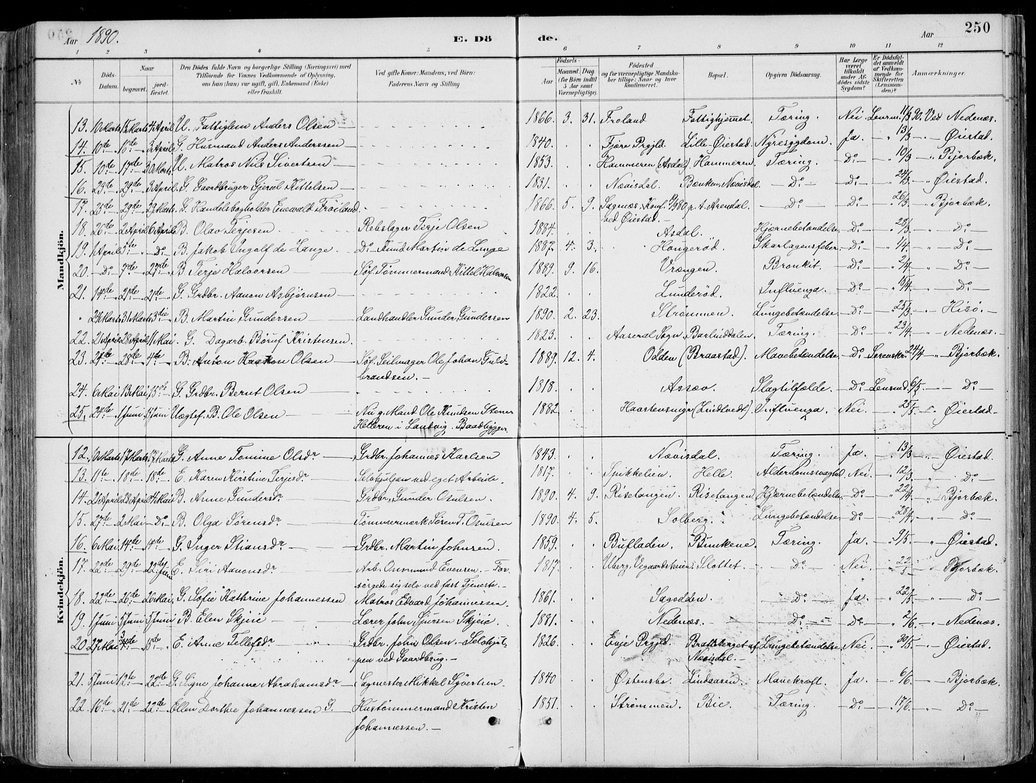 Øyestad sokneprestkontor, AV/SAK-1111-0049/F/Fa/L0017: Parish register (official) no. A 17, 1887-1896, p. 250