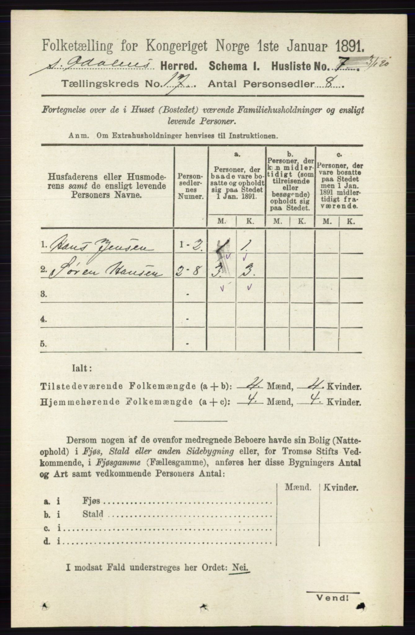 RA, 1891 census for 0419 Sør-Odal, 1891, p. 7787