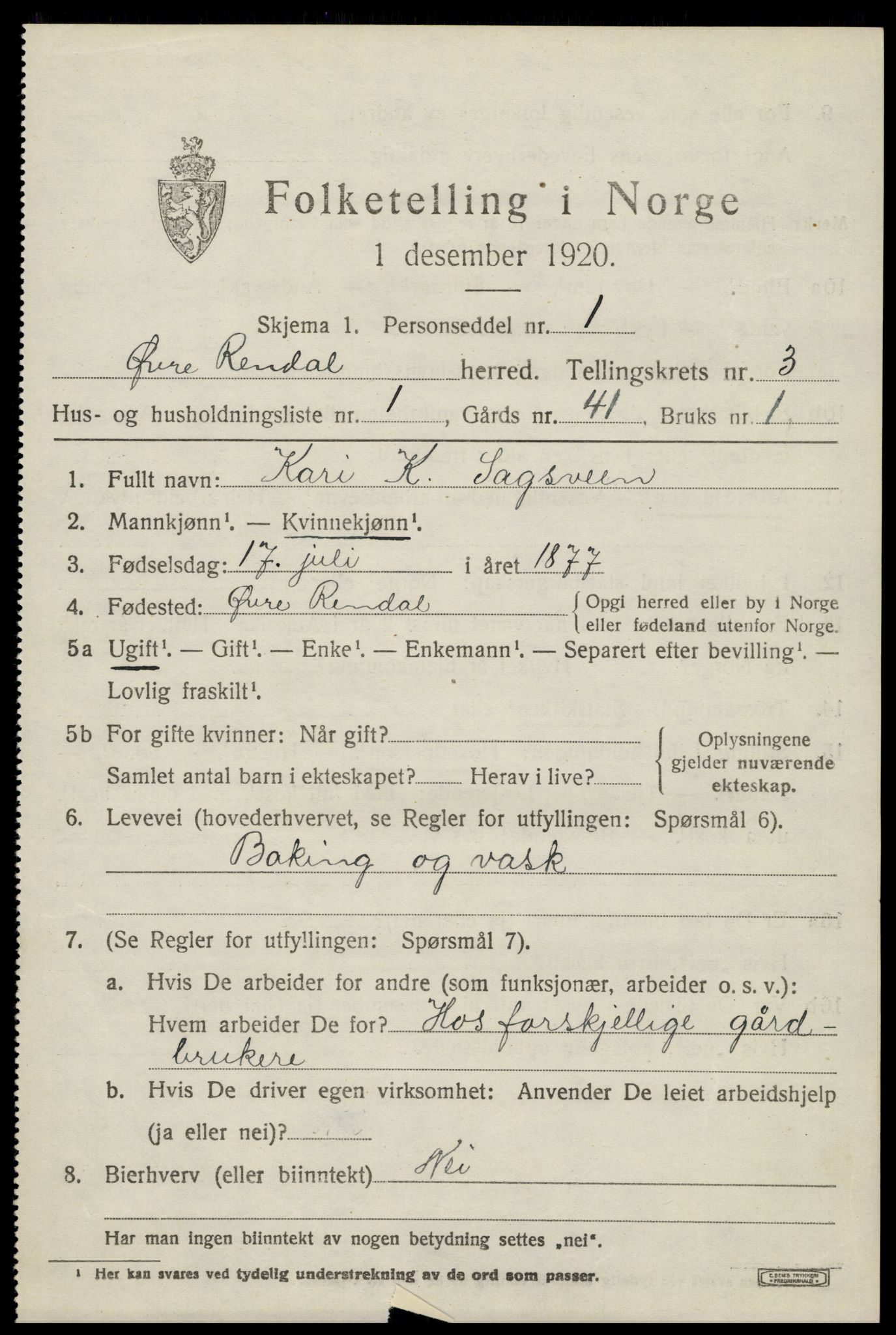 SAH, 1920 census for Øvre Rendal, 1920, p. 1301