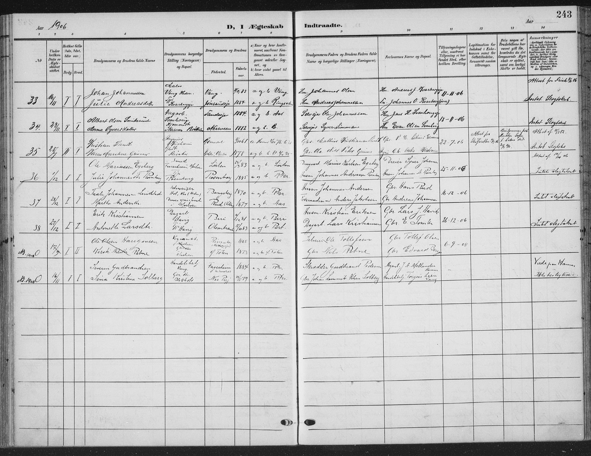 Ringsaker prestekontor, AV/SAH-PREST-014/K/Ka/L0018: Parish register (official) no. 18, 1903-1912, p. 243