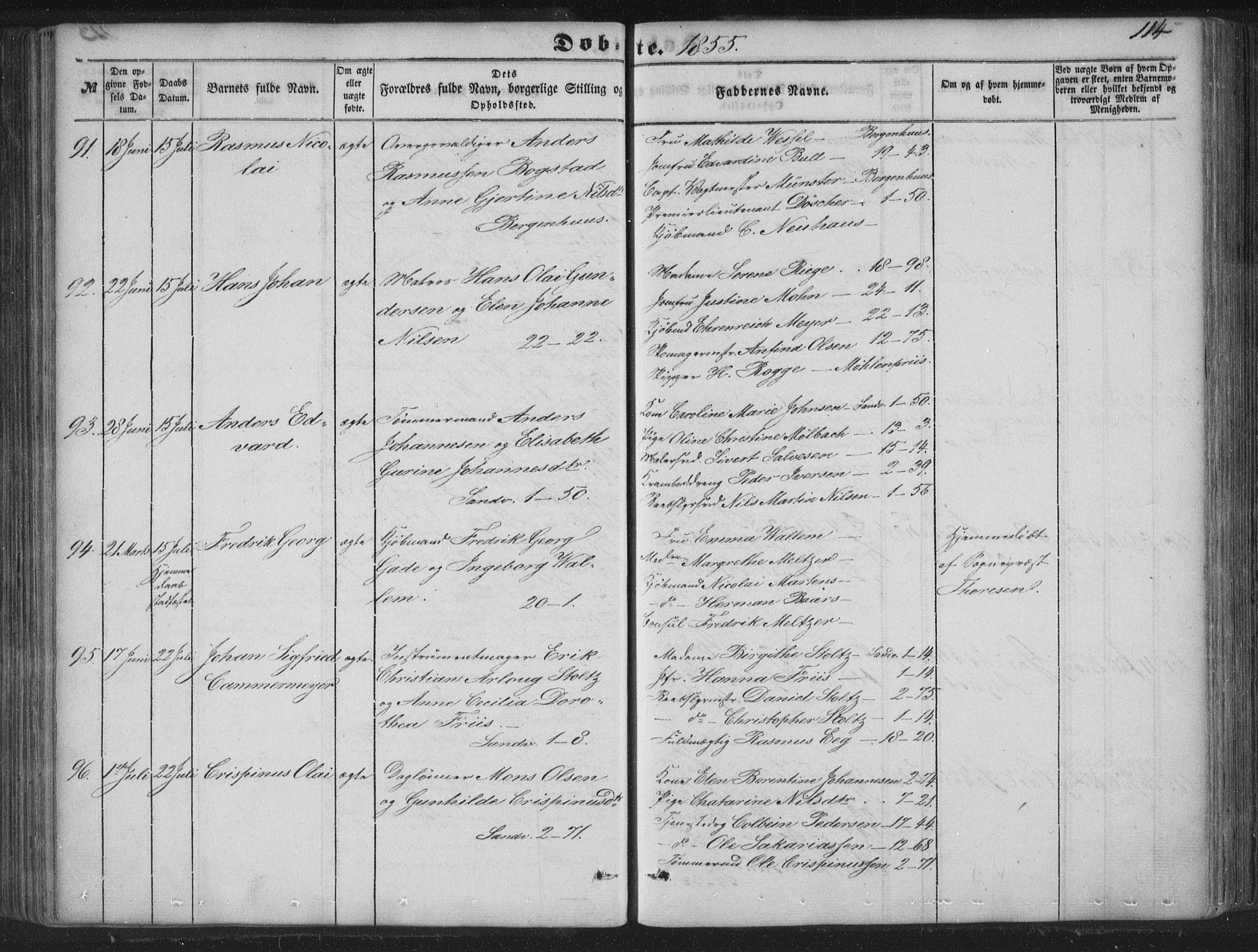Korskirken sokneprestembete, AV/SAB-A-76101/H/Haa/L0017: Parish register (official) no. B 3, 1851-1857, p. 114