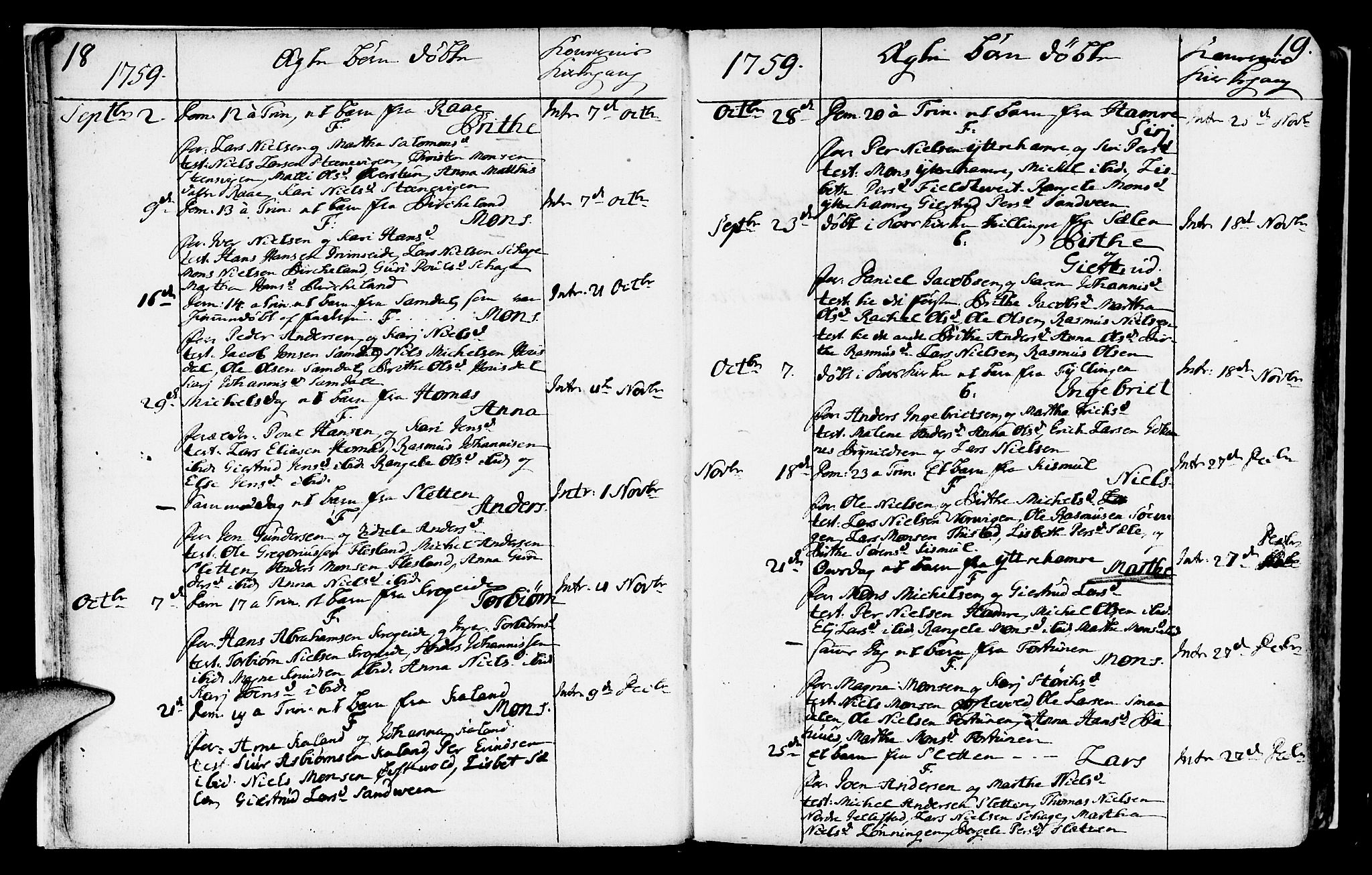 Fana Sokneprestembete, AV/SAB-A-75101/H/Haa/Haaa/L0004: Parish register (official) no. A 4, 1757-1774, p. 18-19