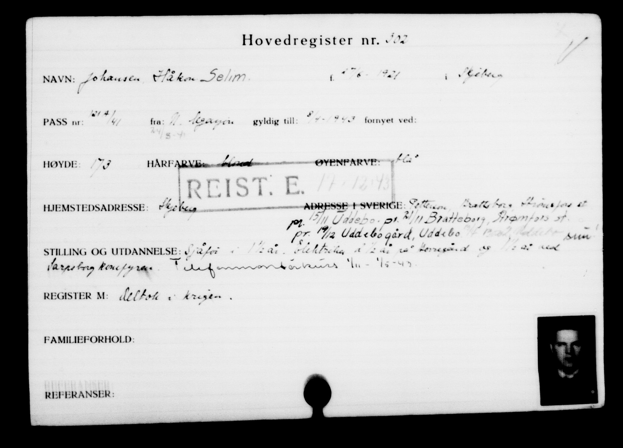 Utenriksstasjonene, Legasjonen i Stockholm, Flyktningkontoret, AV/RA-S-6753/V/Va/L0001: Kjesäterkartoteket, flyktninger med registreringsnr. 1-1000, 1940-1945, p. 481