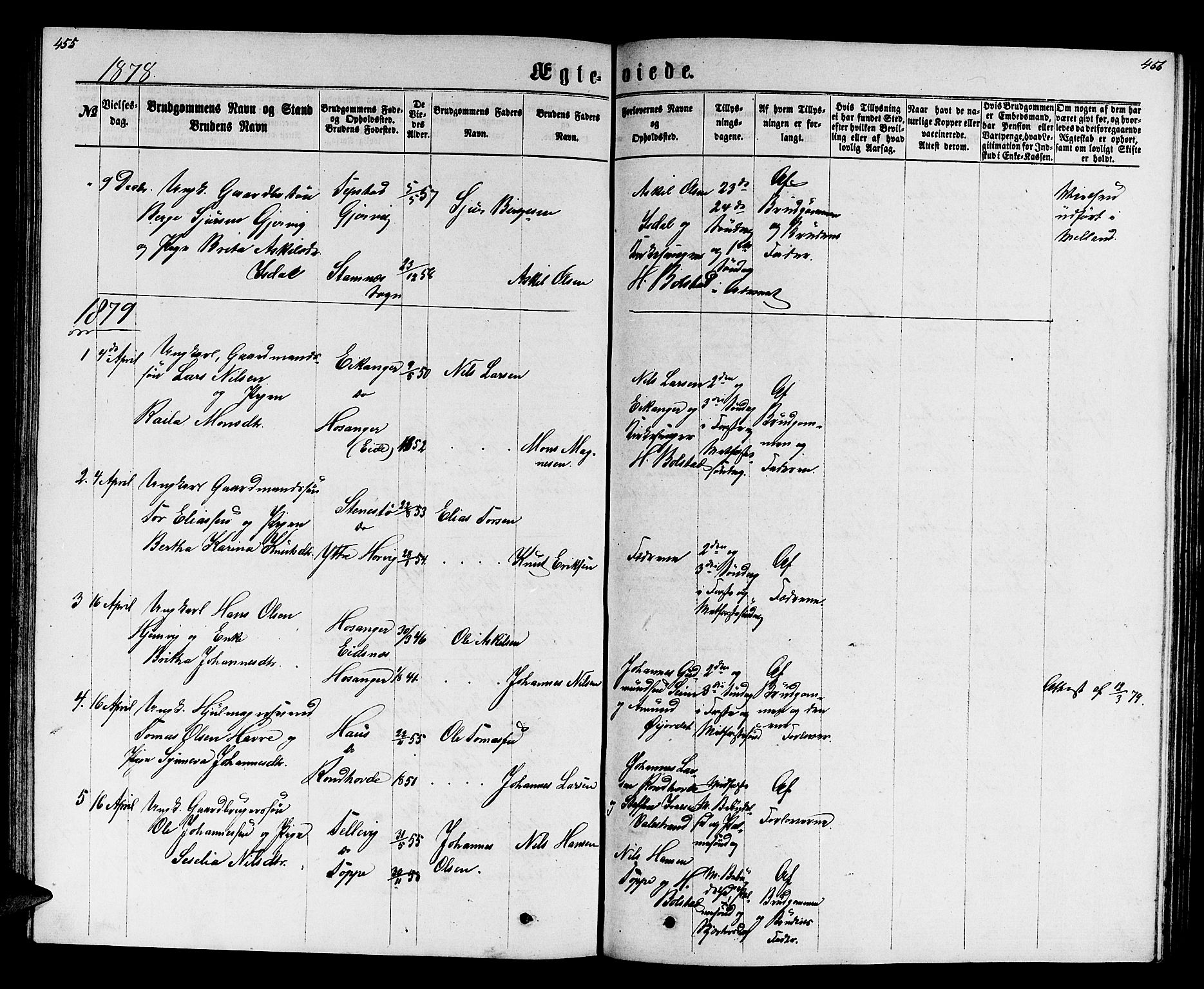 Hamre sokneprestembete, SAB/A-75501/H/Ha/Hab: Parish register (copy) no. B 2, 1863-1880, p. 455-456