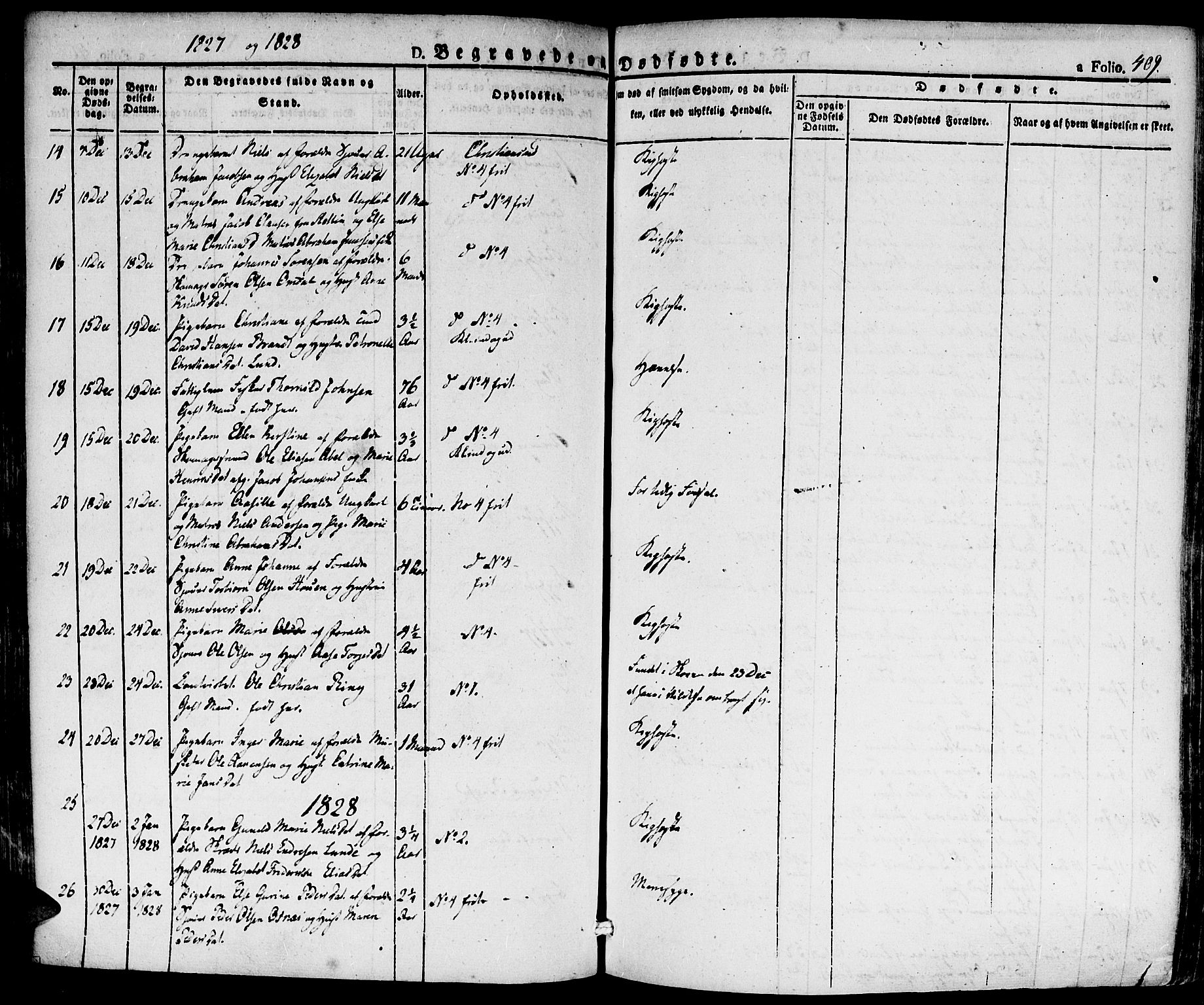 Kristiansand domprosti, SAK/1112-0006/F/Fa/L0011: Parish register (official) no. A 11, 1827-1841, p. 409
