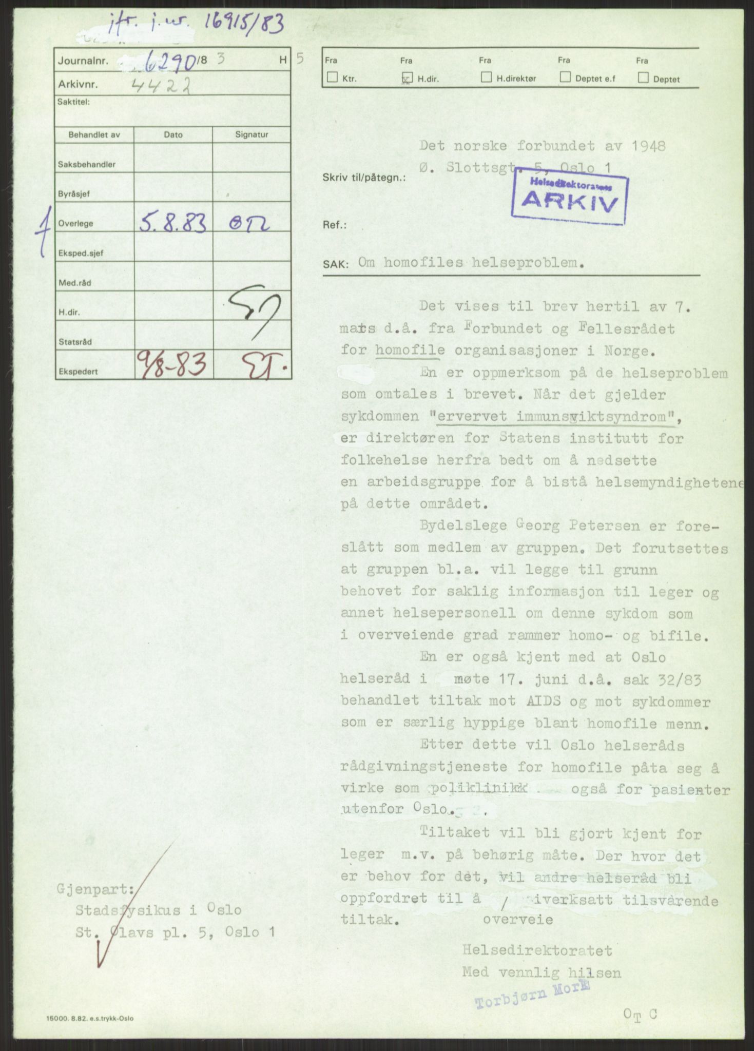 Sosialdepartementet, Helsedirektoratet, Hygienekontoret, H5, RA/S-1287/2/D/Dc/L0151/0001: -- / Aids, 1983, p. 3