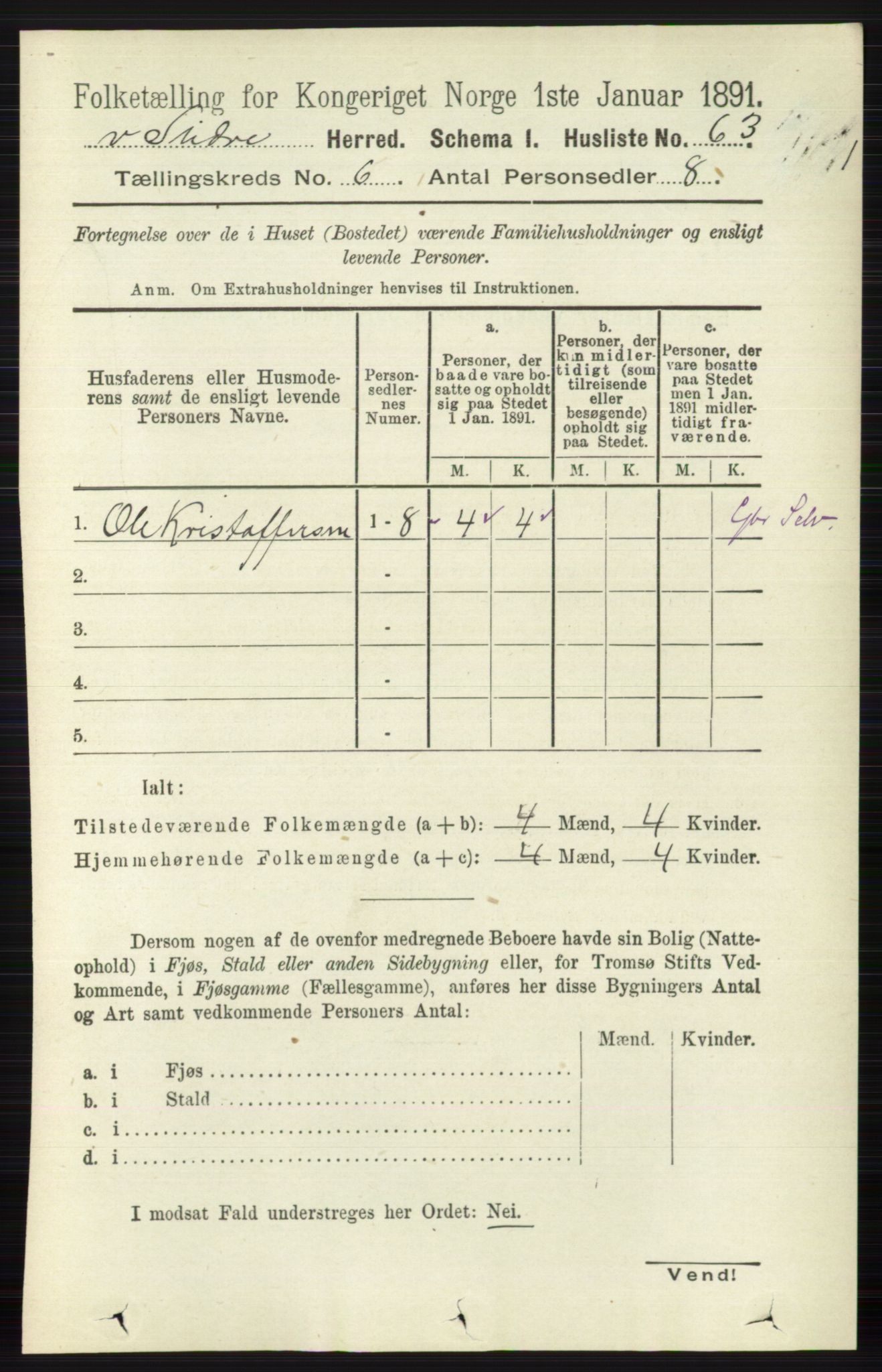 RA, 1891 census for 0543 Vestre Slidre, 1891, p. 2052