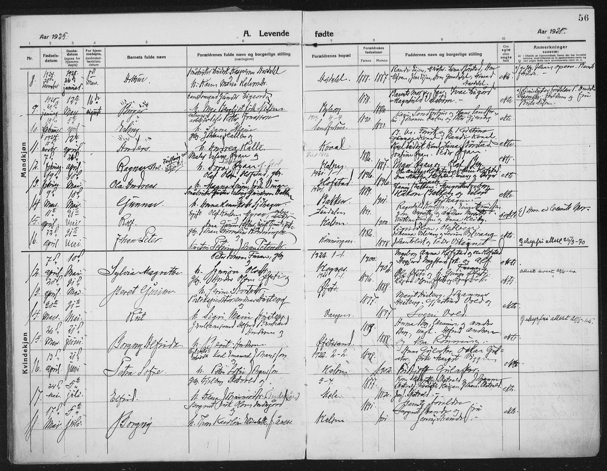 Ministerialprotokoller, klokkerbøker og fødselsregistre - Nord-Trøndelag, SAT/A-1458/709/L0083: Parish register (official) no. 709A23, 1916-1928, p. 56