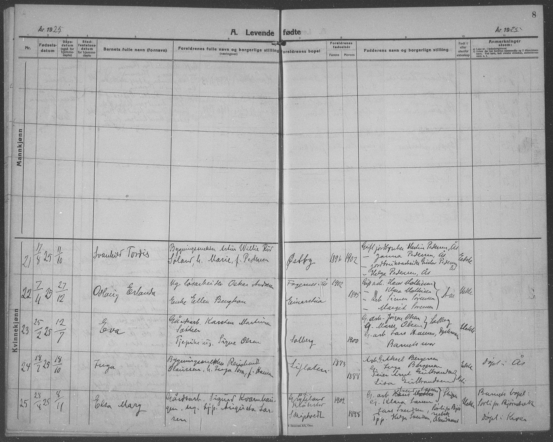Ås prestekontor Kirkebøker, AV/SAO-A-10894/G/Ga/L0006: Parish register (copy) no. I 6, 1925-1940, p. 8