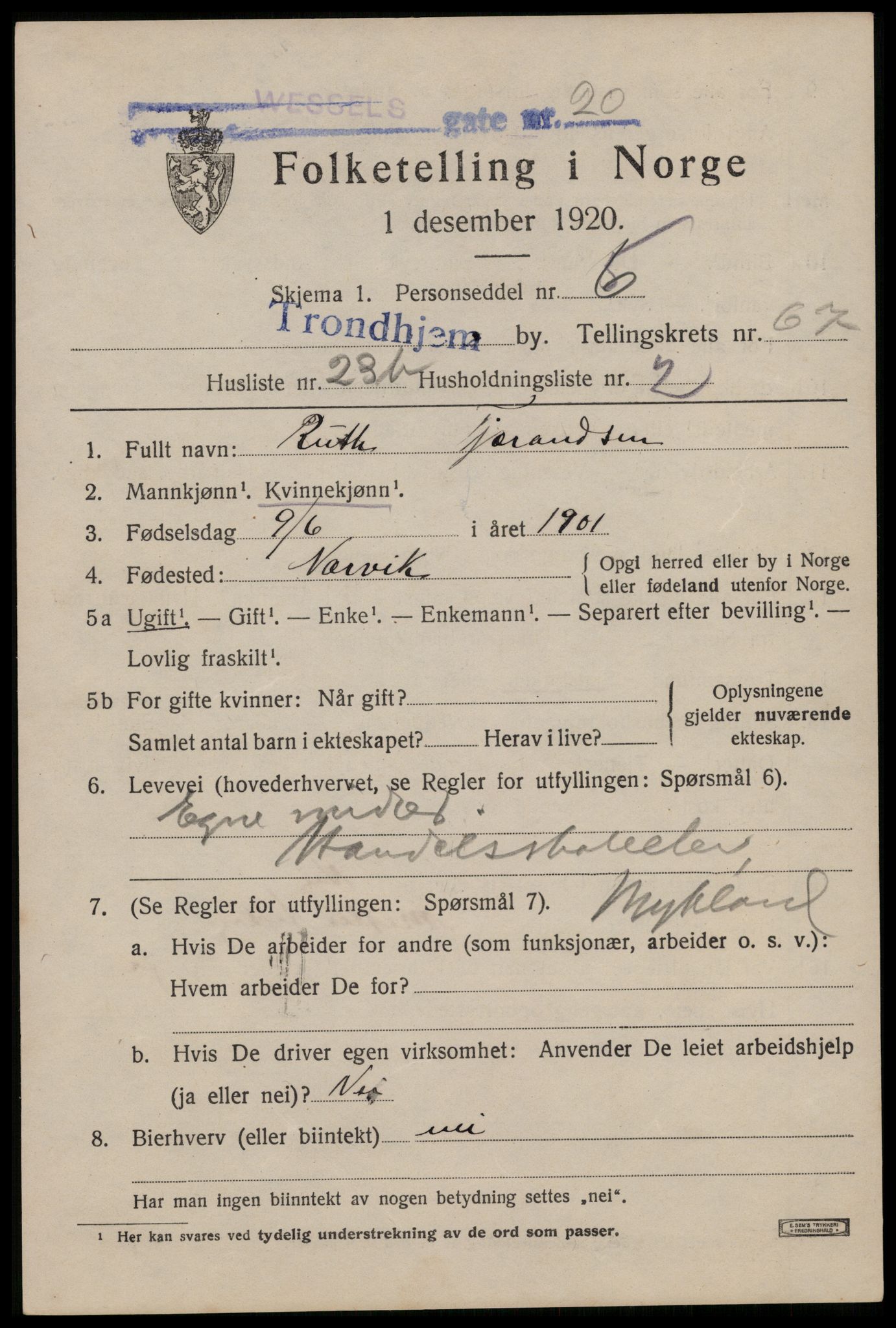 SAT, 1920 census for Trondheim, 1920, p. 133482