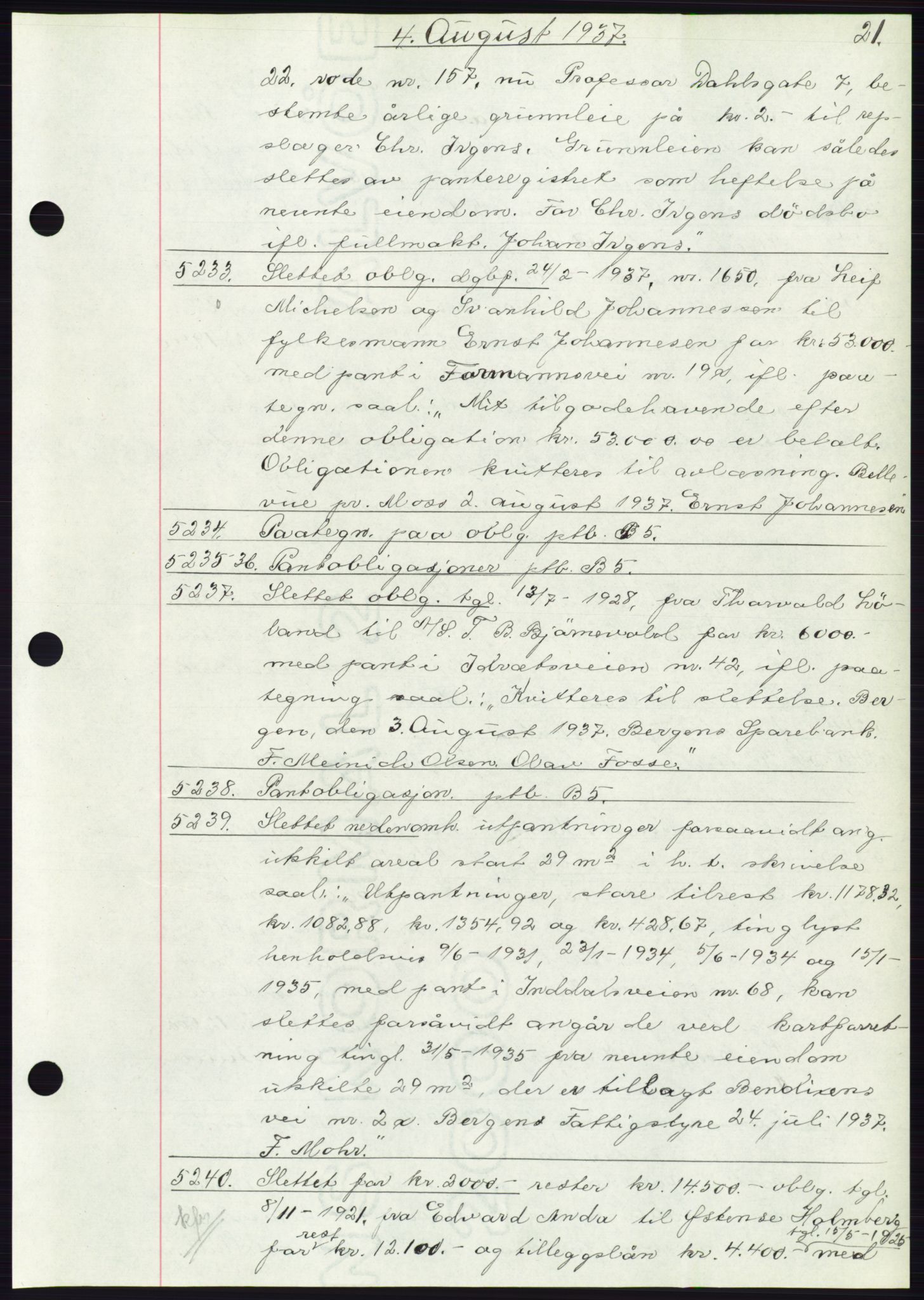 Byfogd og Byskriver i Bergen, AV/SAB-A-3401/03: Mortgage book no. C 5, 1937-1937, Diary no: : 5233/1937