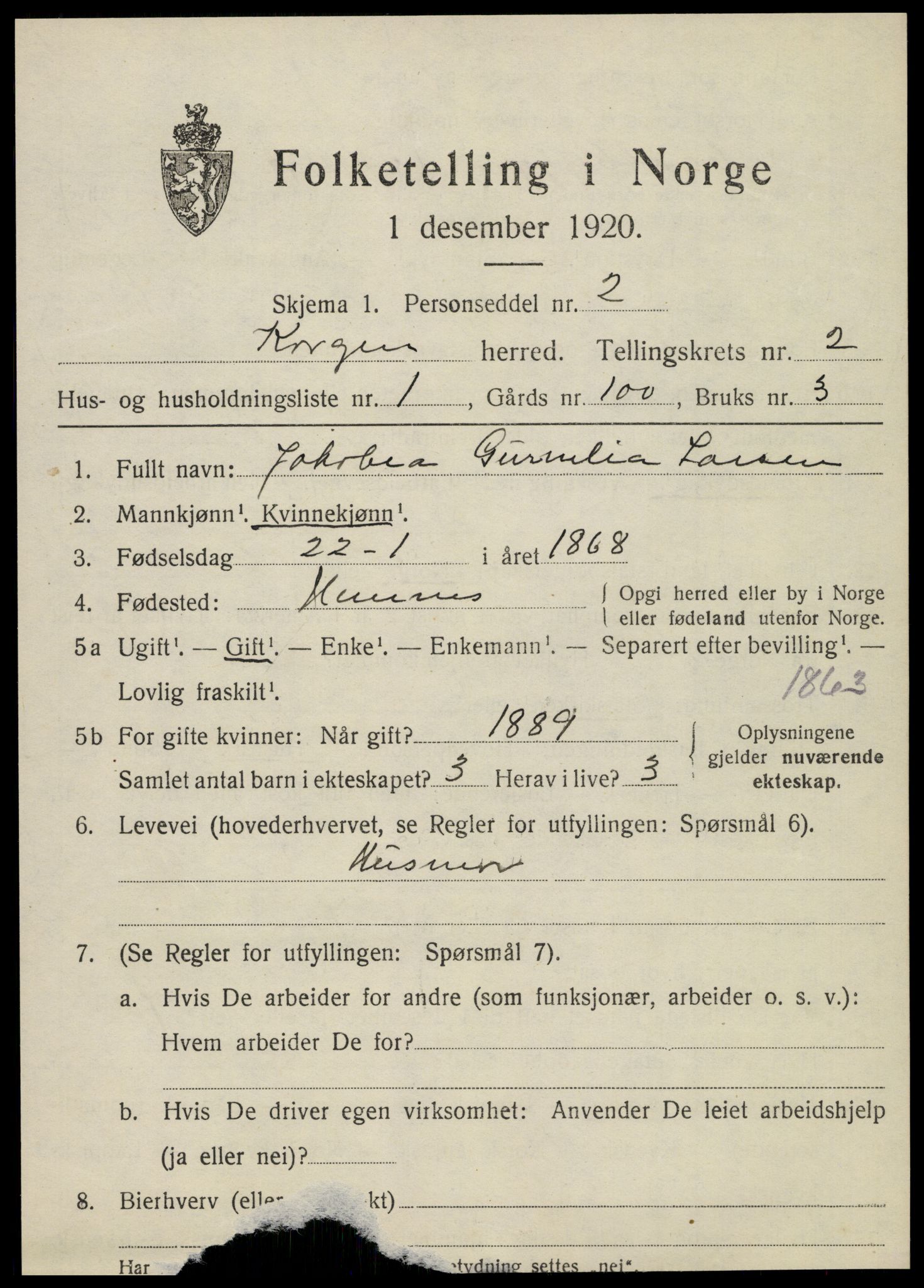 SAT, 1920 census for Korgen, 1920, p. 922