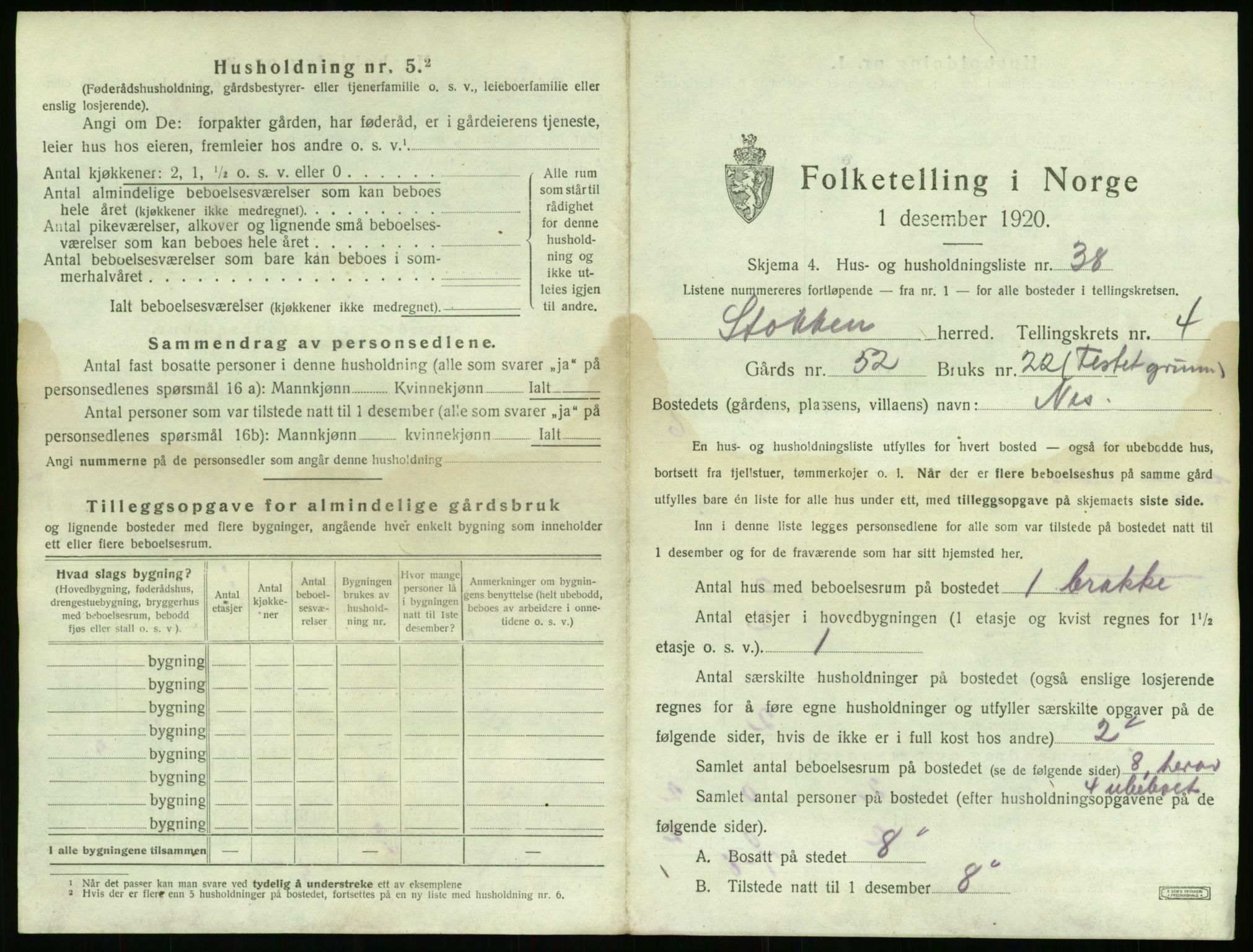 SAK, 1920 census for Stokken, 1920, p. 452