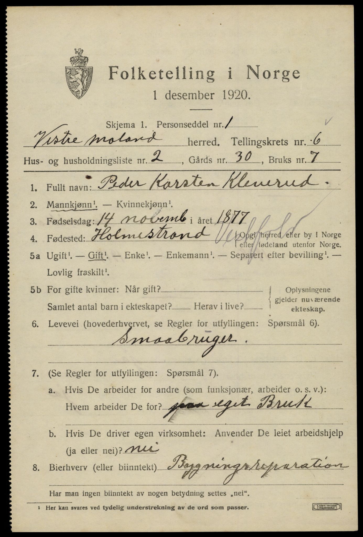 SAK, 1920 census for Vestre Moland, 1920, p. 4613