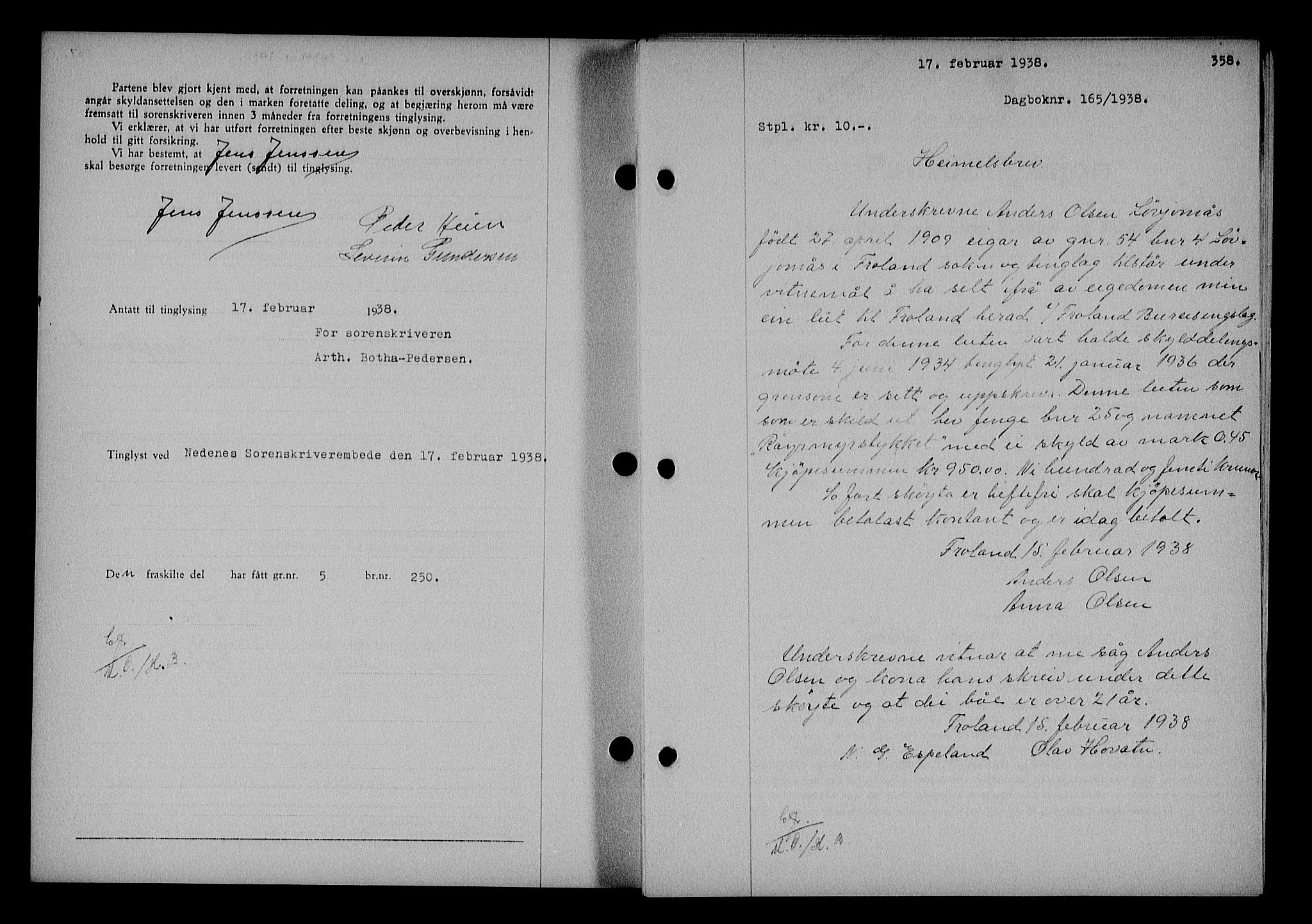 Nedenes sorenskriveri, SAK/1221-0006/G/Gb/Gba/L0044: Mortgage book no. 40, 1937-1938, Diary no: : 165/1938