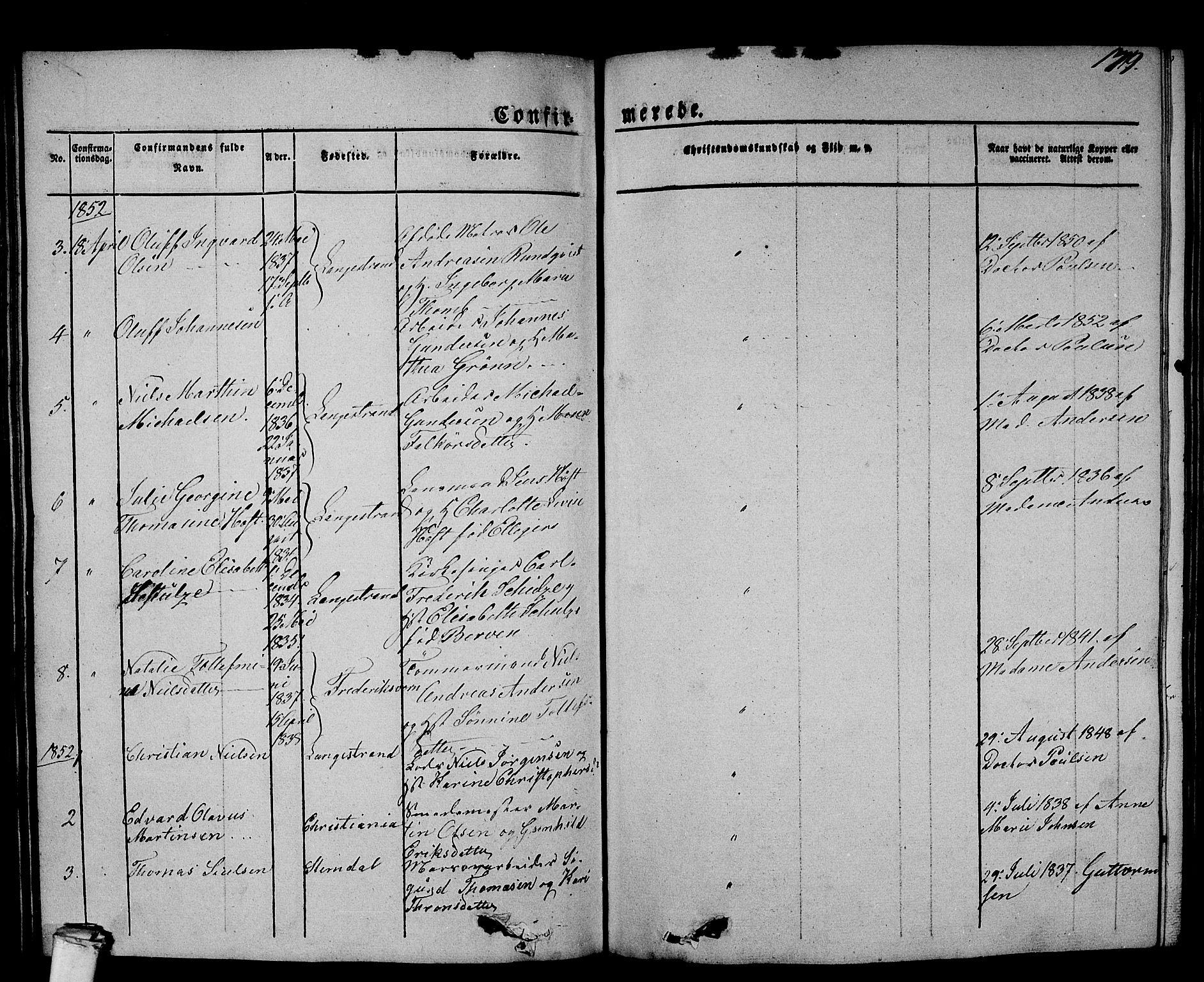 Larvik kirkebøker, SAKO/A-352/G/Gb/L0002: Parish register (copy) no. II 2, 1843-1866, p. 179