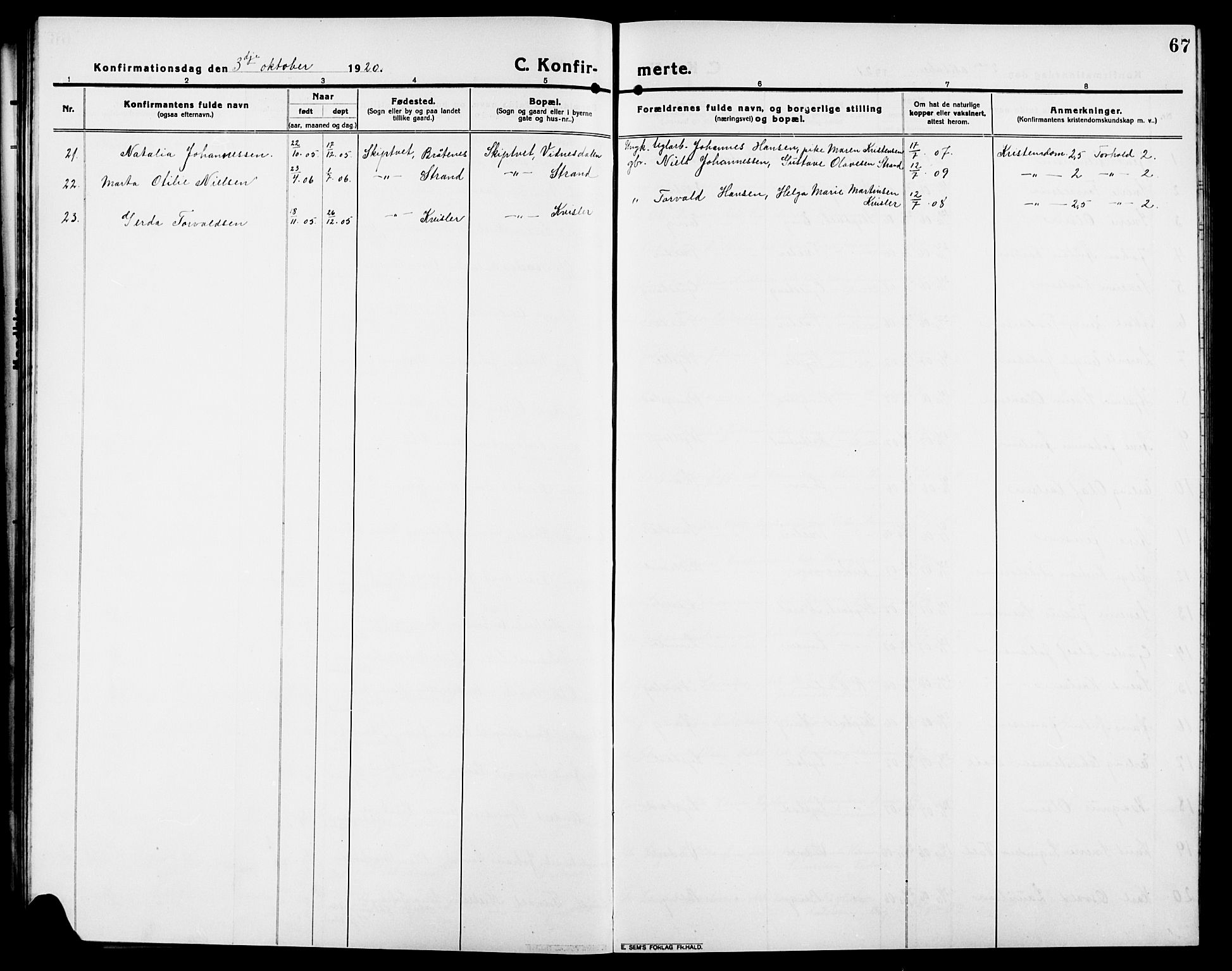 Skiptvet prestekontor Kirkebøker, AV/SAO-A-20009/G/Ga/L0003: Parish register (copy) no. 3, 1916-1924, p. 67