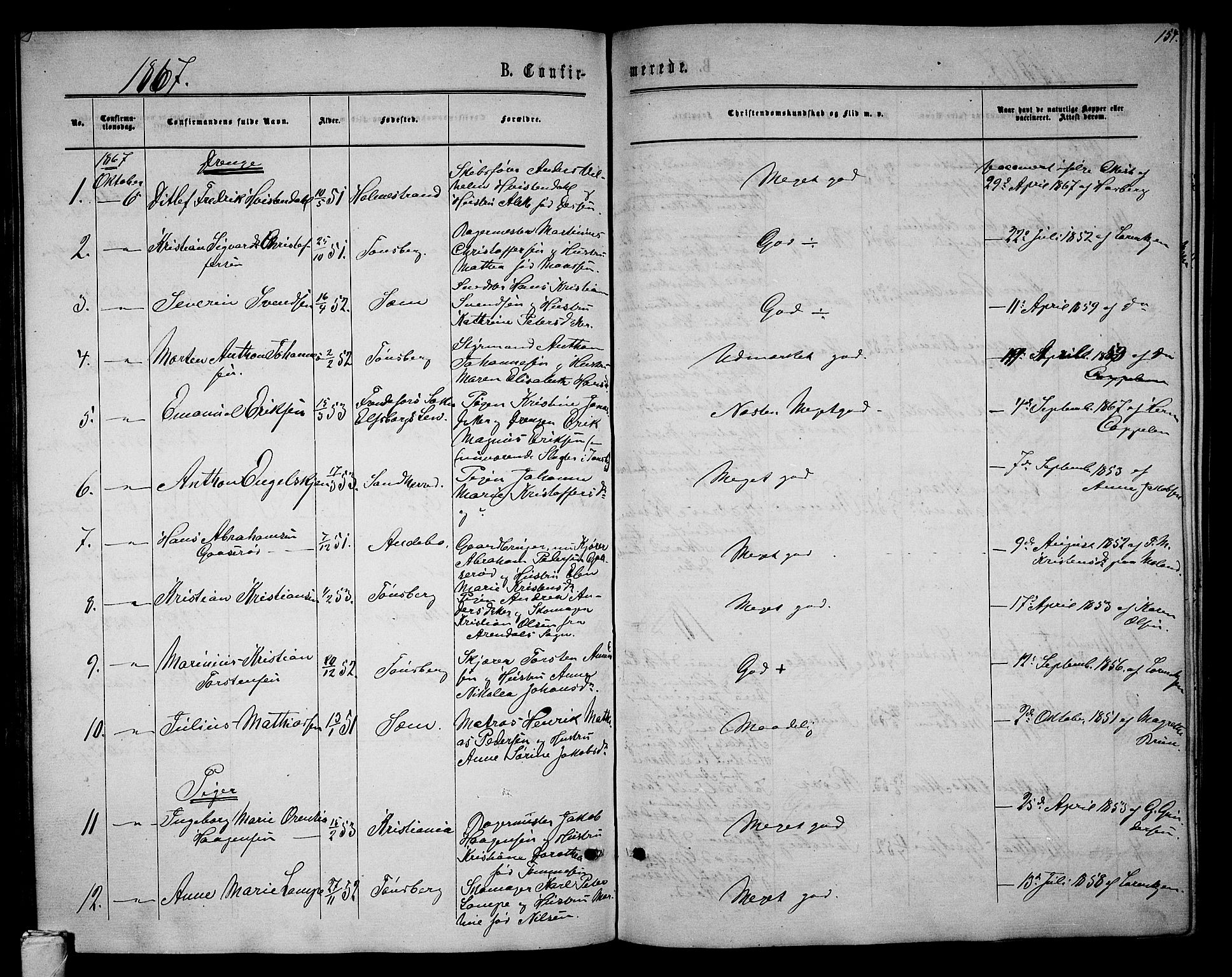 Tønsberg kirkebøker, SAKO/A-330/G/Ga/L0004: Parish register (copy) no. 4, 1865-1874, p. 154