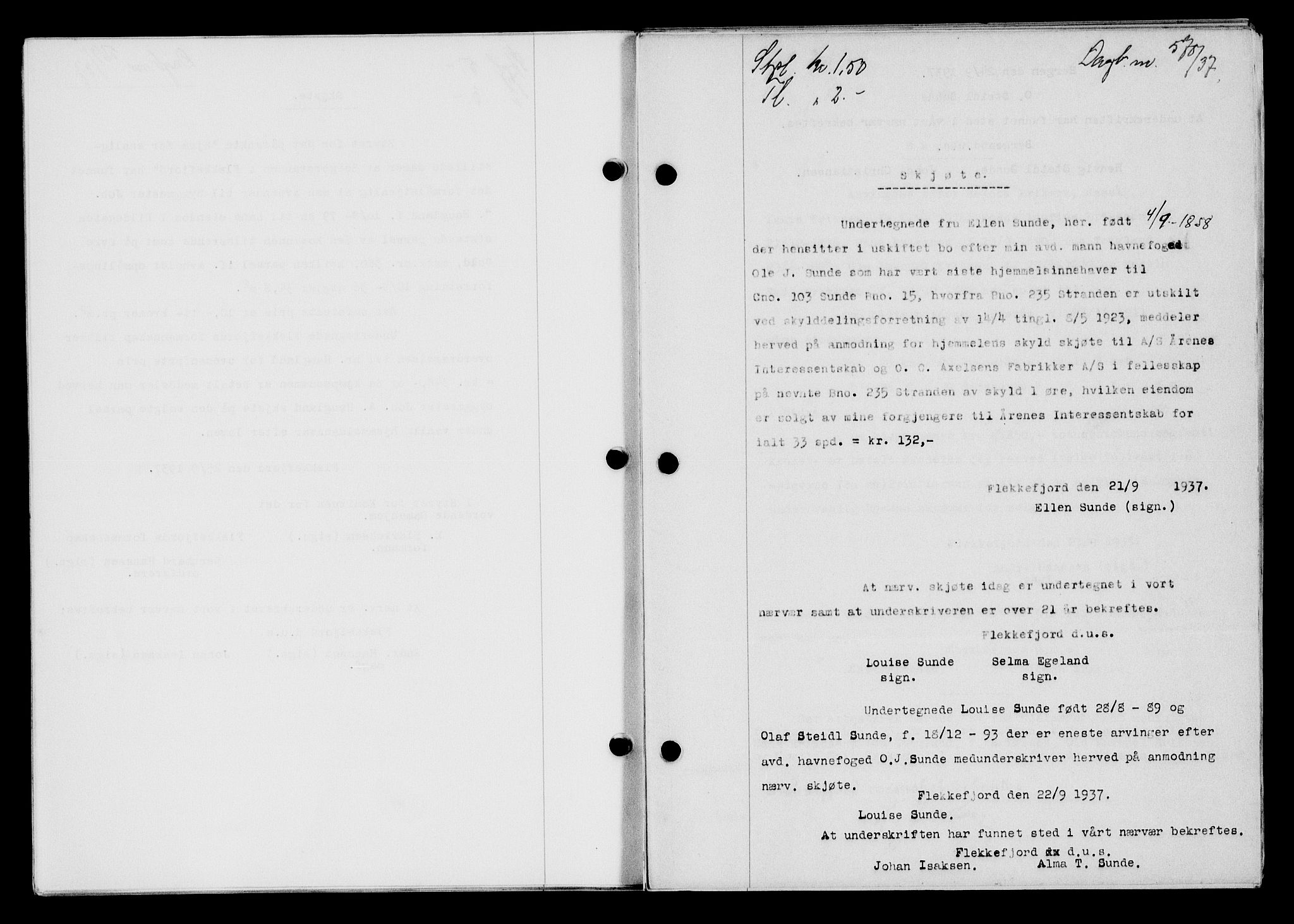 Flekkefjord sorenskriveri, SAK/1221-0001/G/Gb/Gba/L0054: Mortgage book no. A-2, 1937-1938, Diary no: : 570/1937