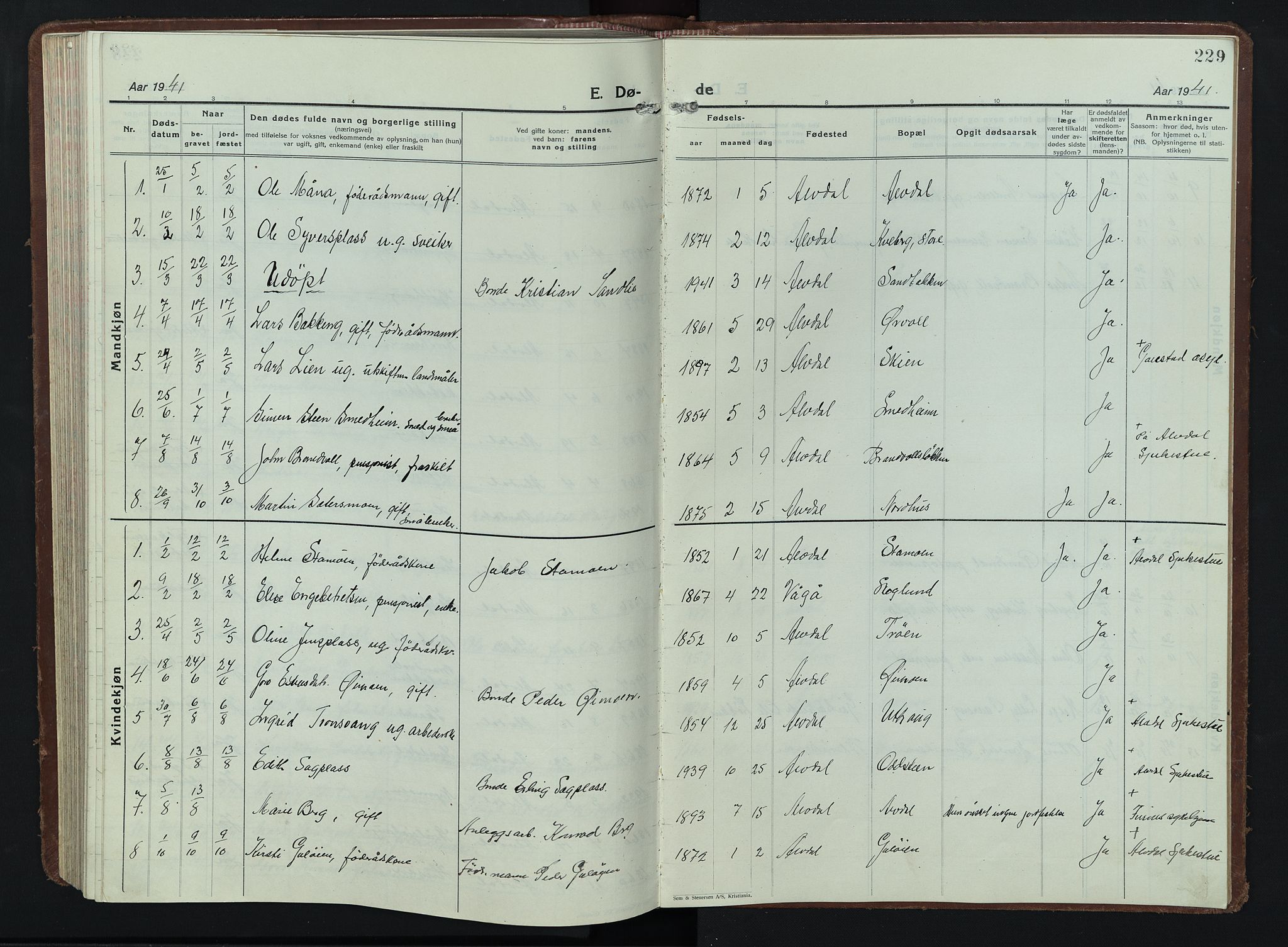 Alvdal prestekontor, AV/SAH-PREST-060/H/Ha/Hab/L0007: Parish register (copy) no. 7, 1924-1945, p. 229