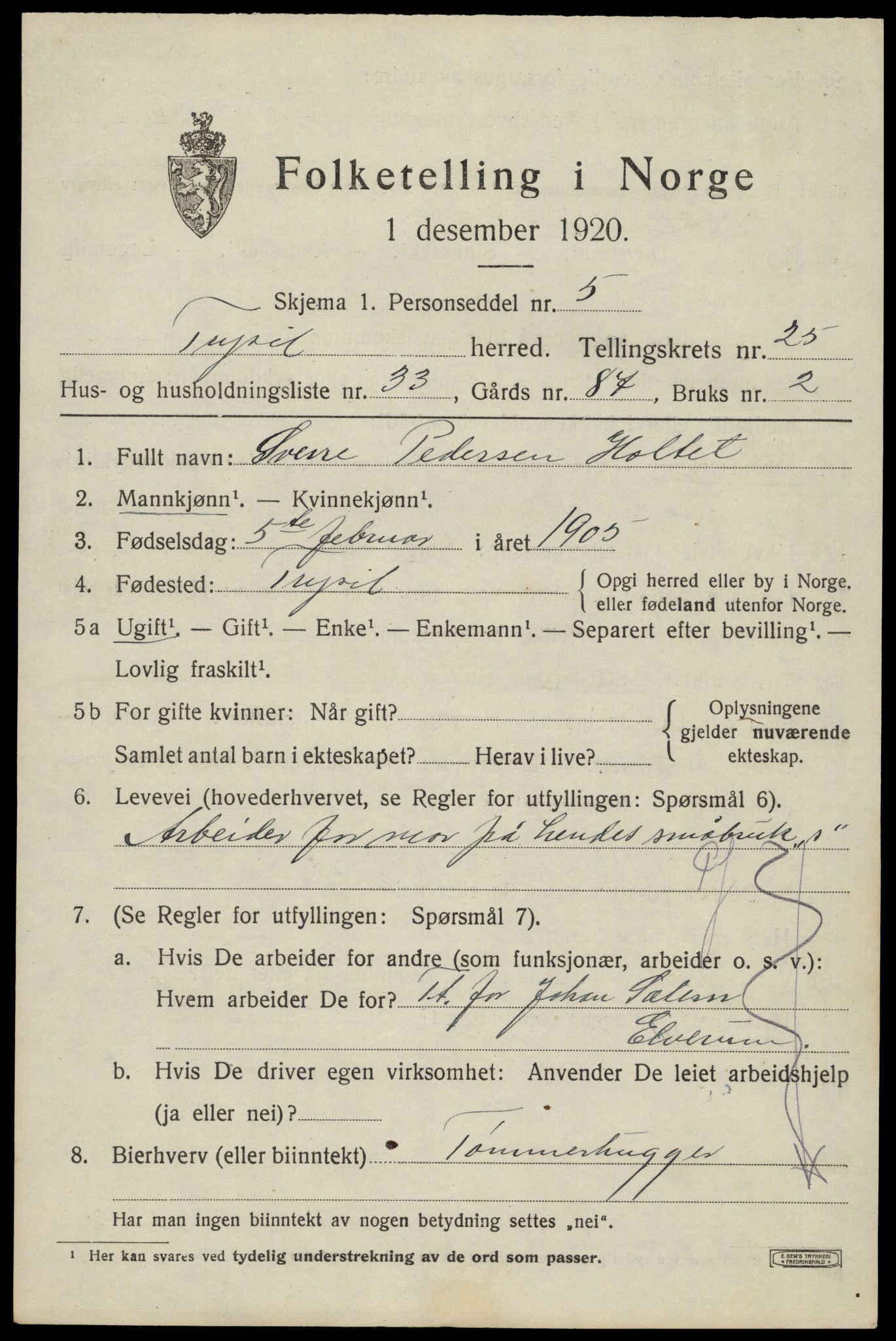 SAH, 1920 census for Trysil, 1920, p. 16083