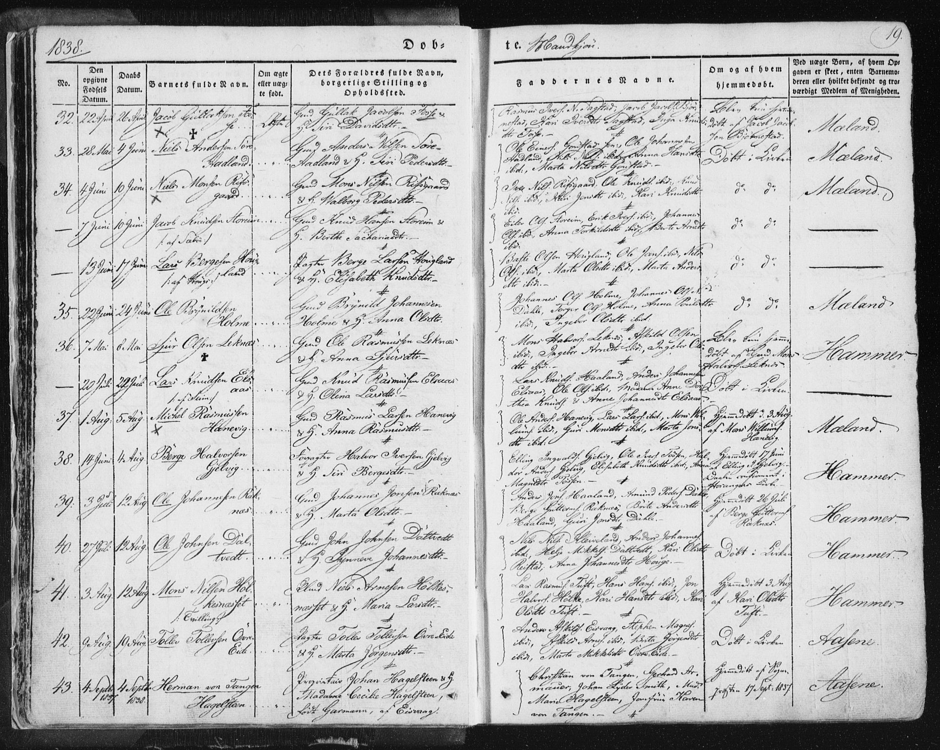 Hamre sokneprestembete, AV/SAB-A-75501/H/Ha/Haa/Haaa/L0012: Parish register (official) no. A 12, 1834-1845, p. 19