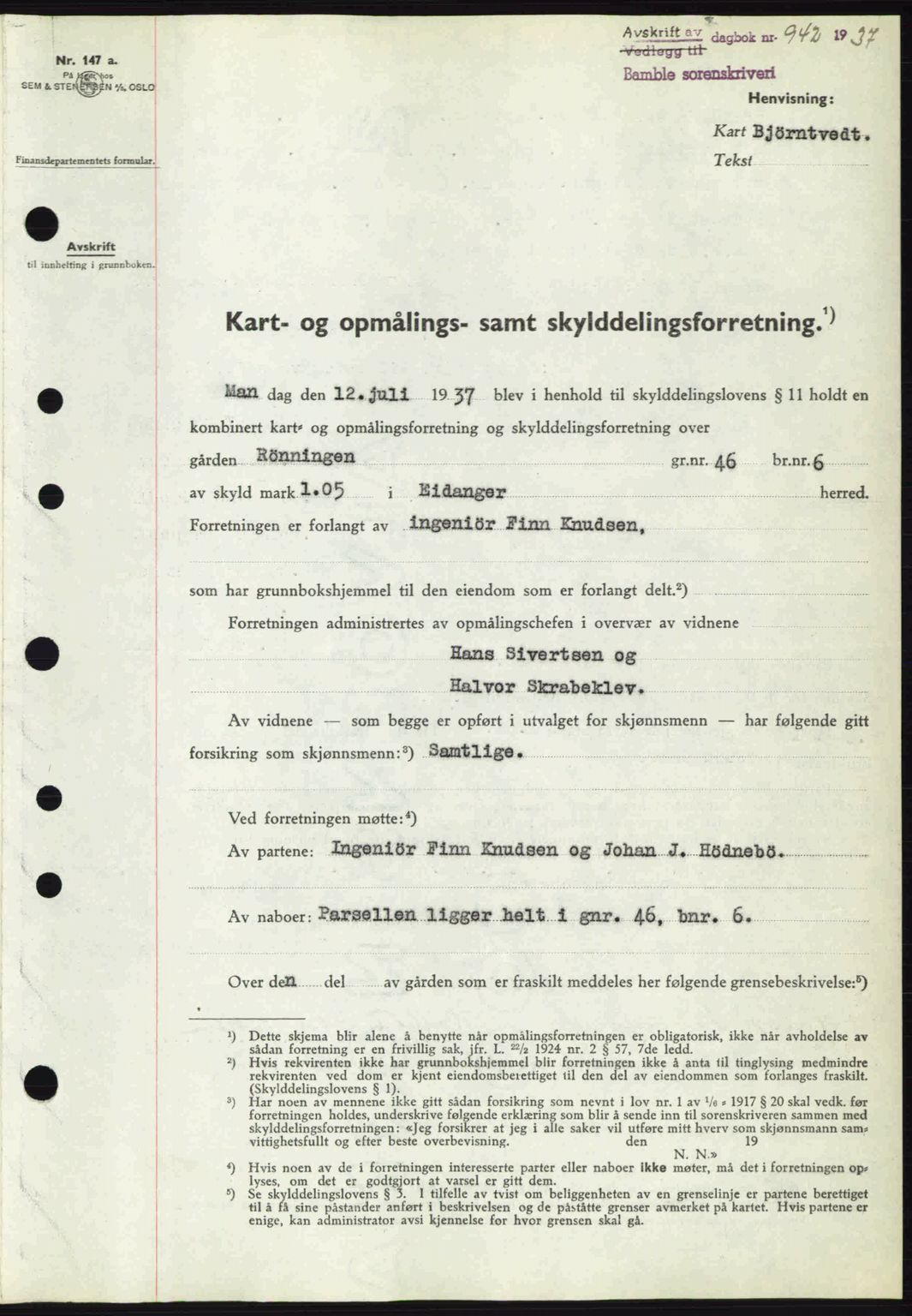 Bamble sorenskriveri, AV/SAKO-A-214/G/Ga/Gag/L0002: Mortgage book no. A-2, 1937-1938, Diary no: : 942/1937