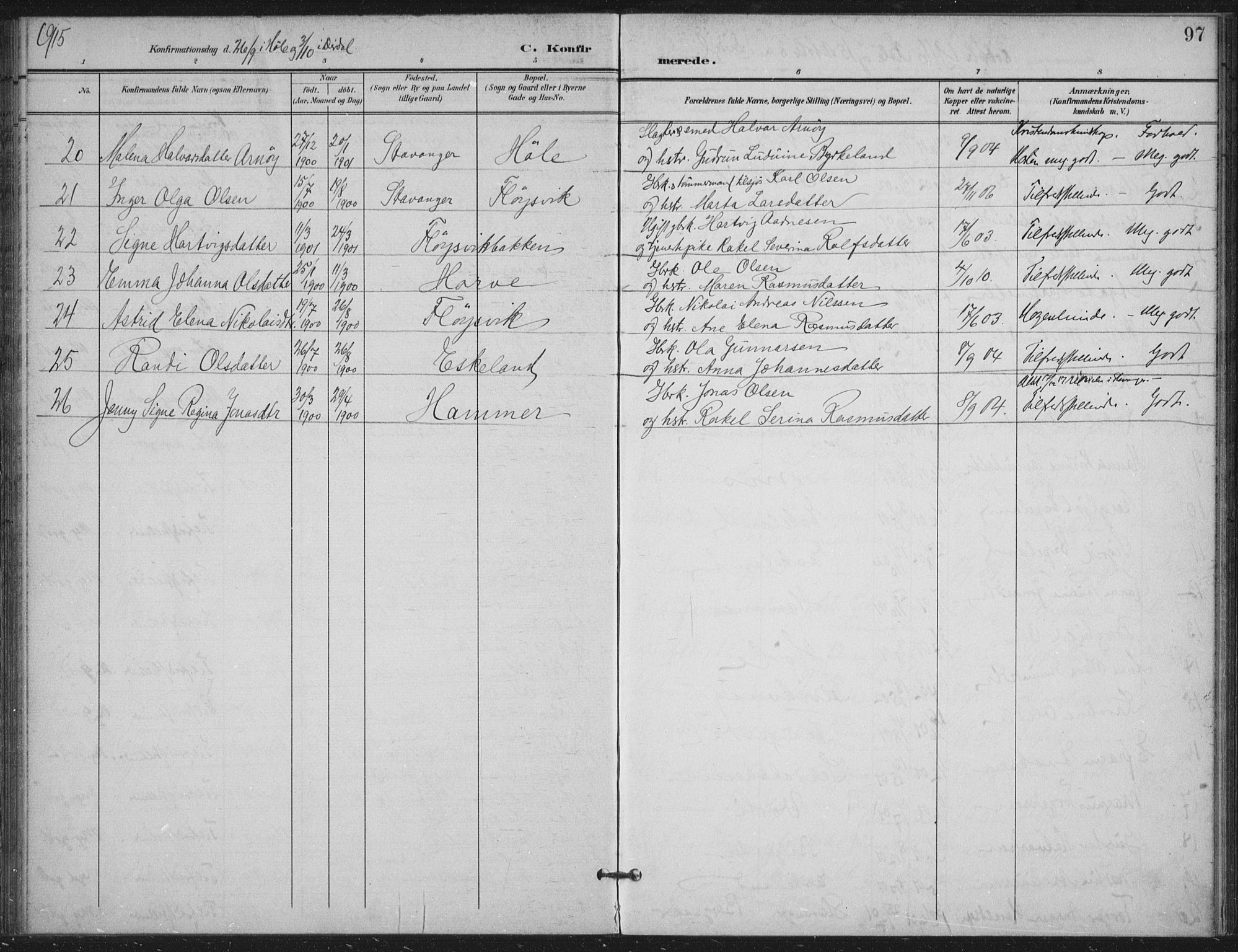 Høgsfjord sokneprestkontor, AV/SAST-A-101624/H/Ha/Haa/L0008: Parish register (official) no. A 8, 1898-1920, p. 97