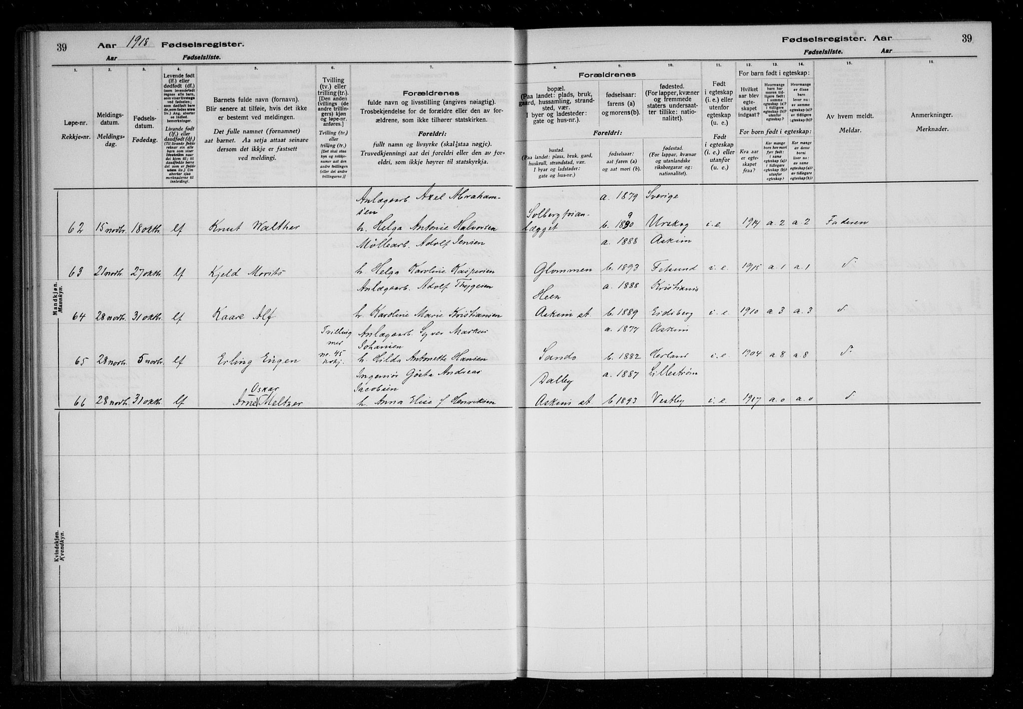 Askim prestekontor Kirkebøker, SAO/A-10900/J/Ja/L0001: Birth register no. 1, 1916-1929, p. 39