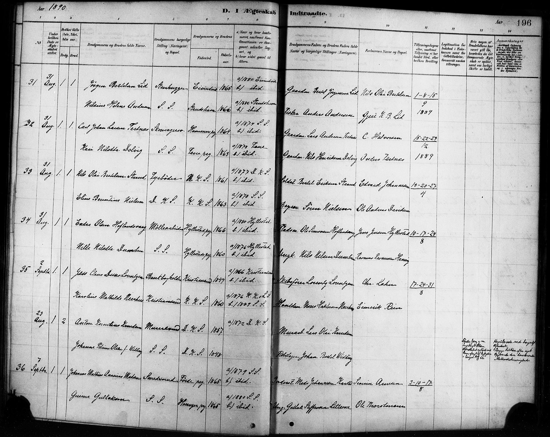 Sandviken Sokneprestembete, AV/SAB-A-77601/H/Ha/L0002: Parish register (official) no. A 2, 1878-1896, p. 196