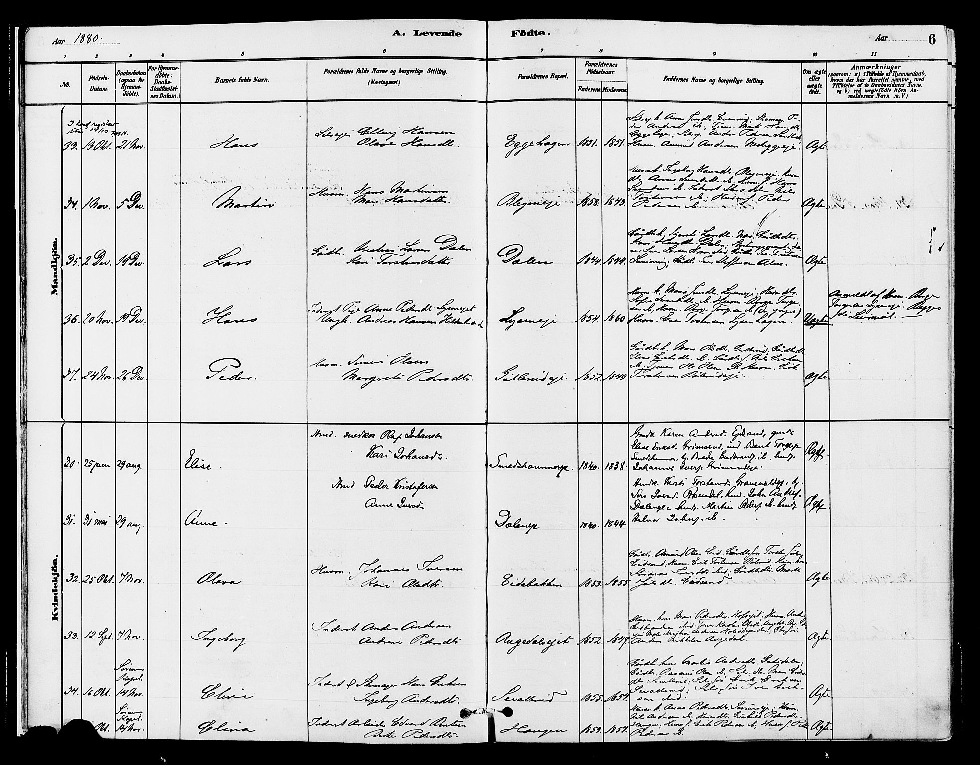 Gran prestekontor, AV/SAH-PREST-112/H/Ha/Haa/L0015: Parish register (official) no. 15, 1880-1888, p. 6