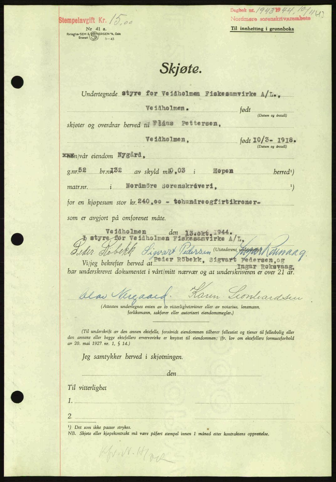 Nordmøre sorenskriveri, AV/SAT-A-4132/1/2/2Ca: Mortgage book no. A98, 1944-1944, Diary no: : 1943/1944