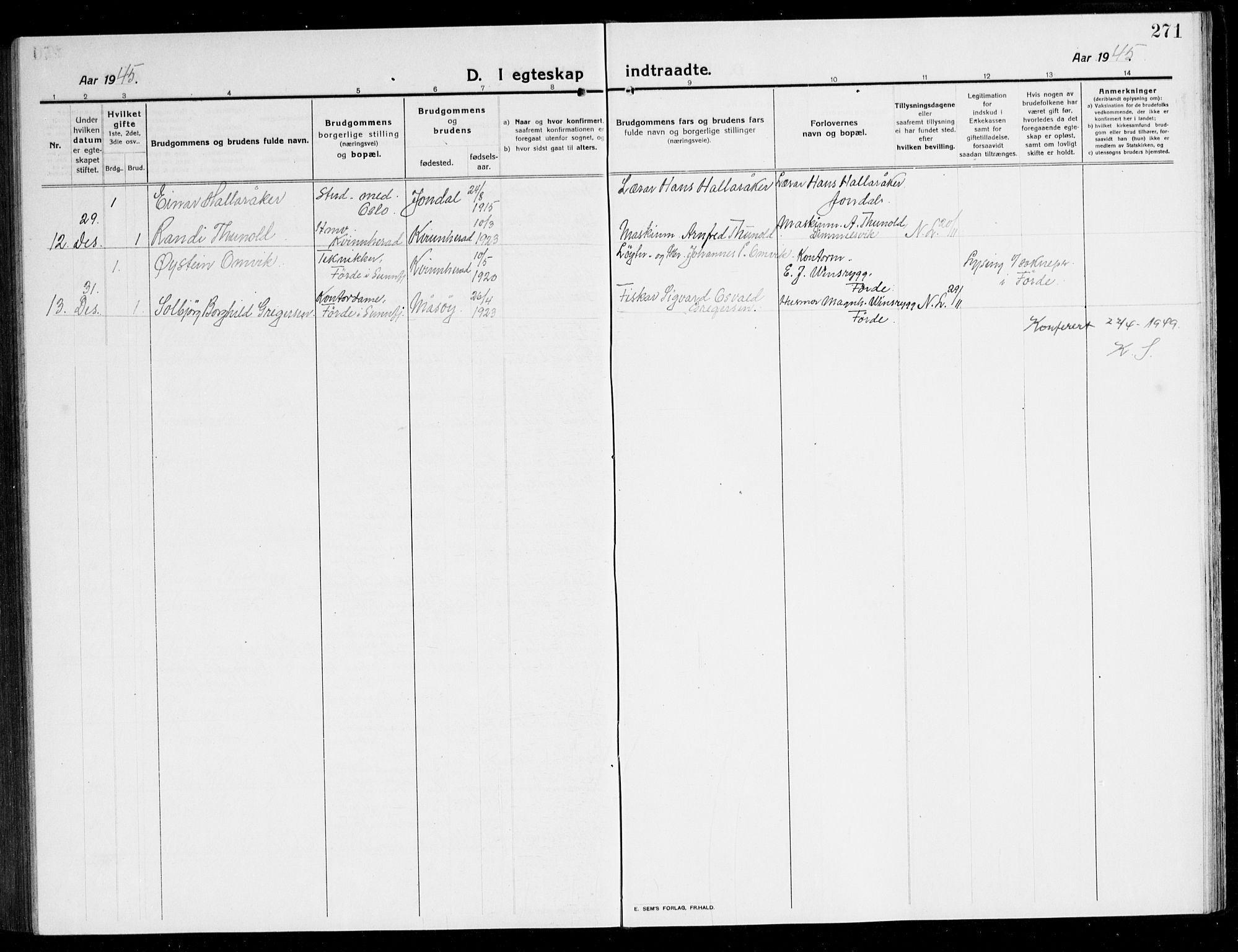 Kvinnherad sokneprestembete, SAB/A-76401/H/Hab: Parish register (copy) no. A 3, 1911-1945, p. 271