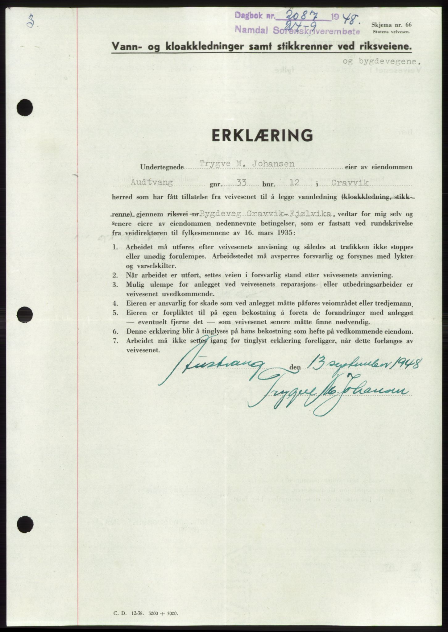 Namdal sorenskriveri, AV/SAT-A-4133/1/2/2C: Mortgage book no. -, 1948-1948, Diary no: : 2087/1948