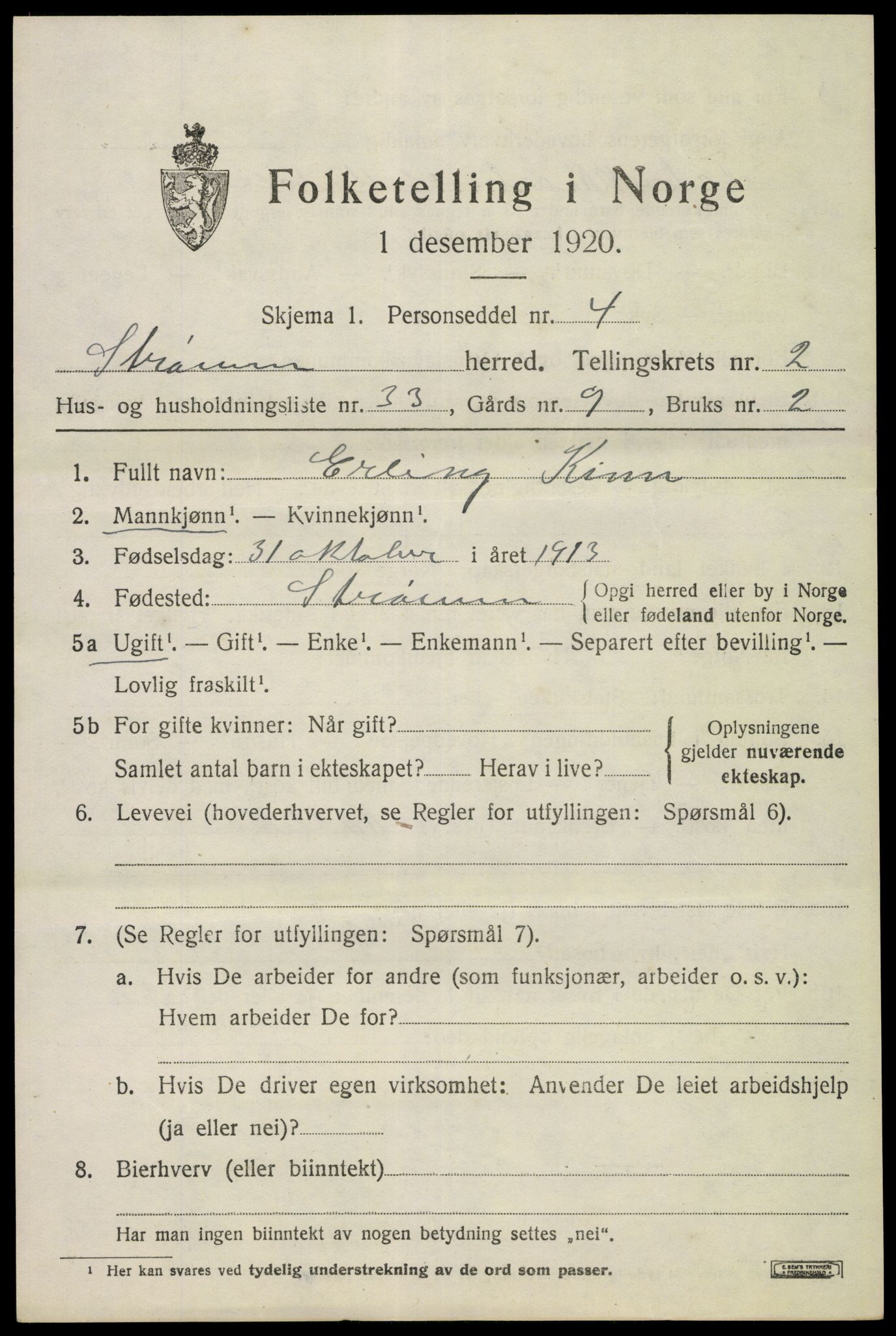 SAKO, 1920 census for Strømm, 1920, p. 1933