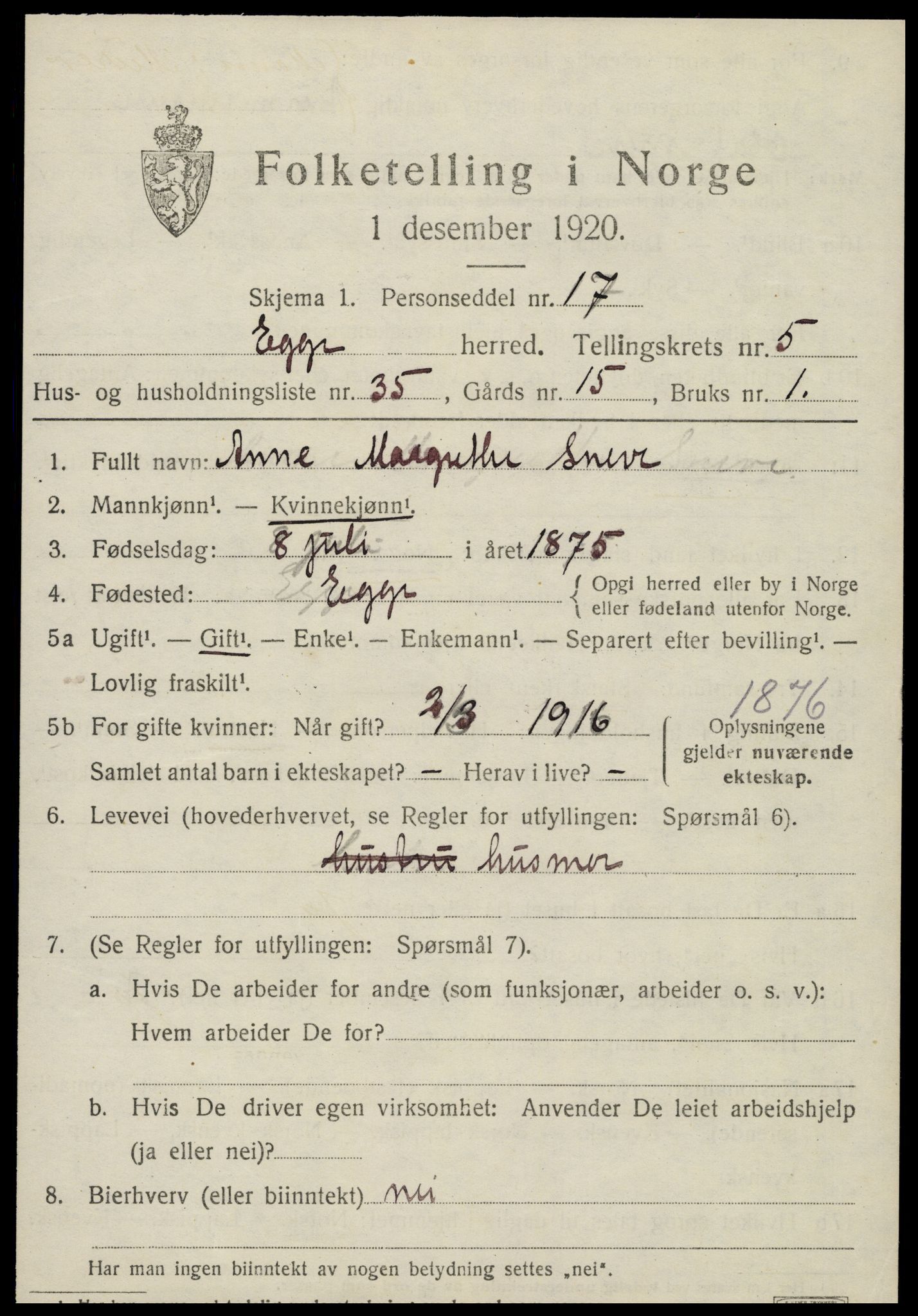 SAT, 1920 census for Egge, 1920, p. 3842