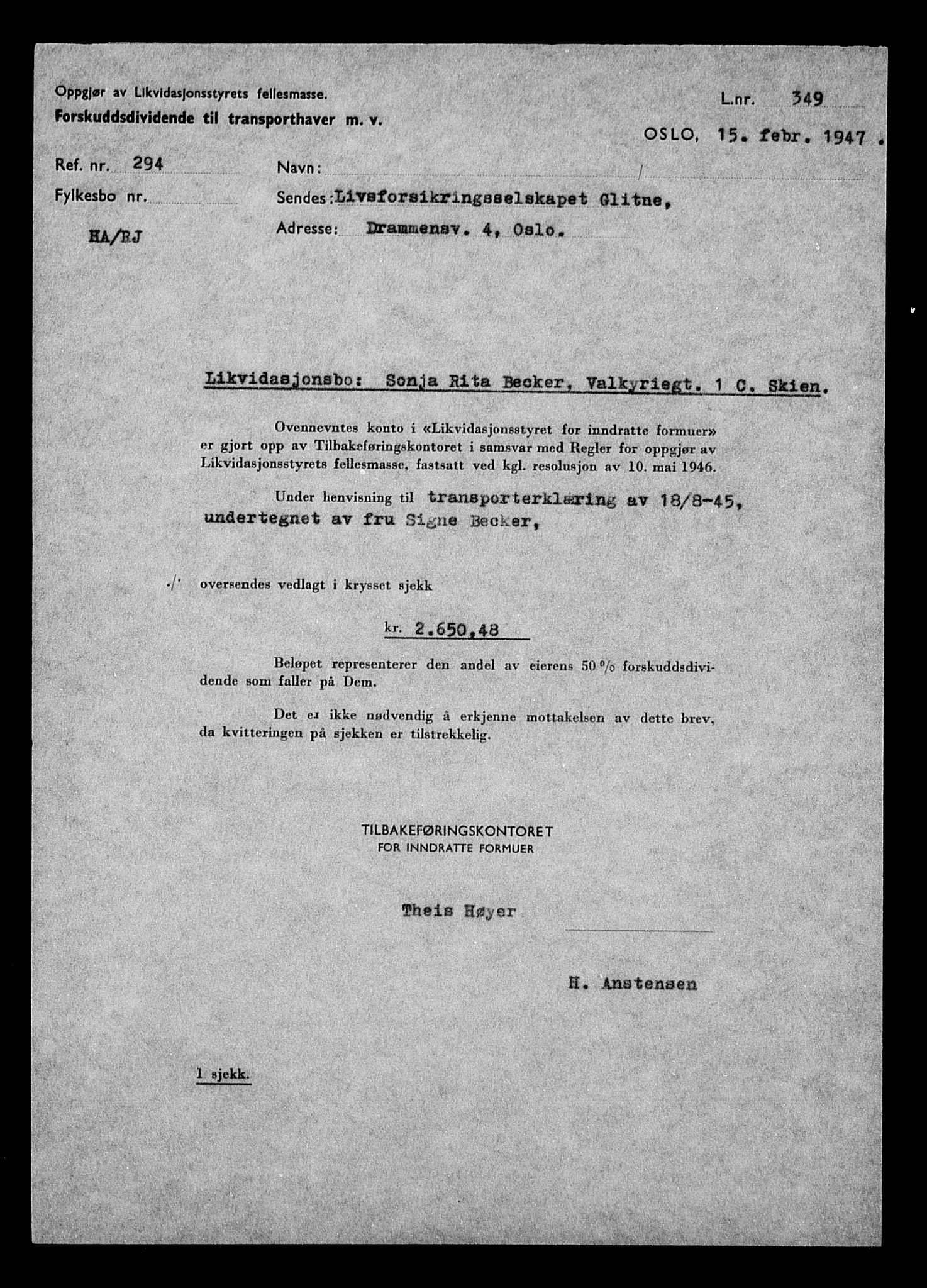 Justisdepartementet, Tilbakeføringskontoret for inndratte formuer, AV/RA-S-1564/H/Hc/Hcd/L0991: --, 1945-1947, p. 36