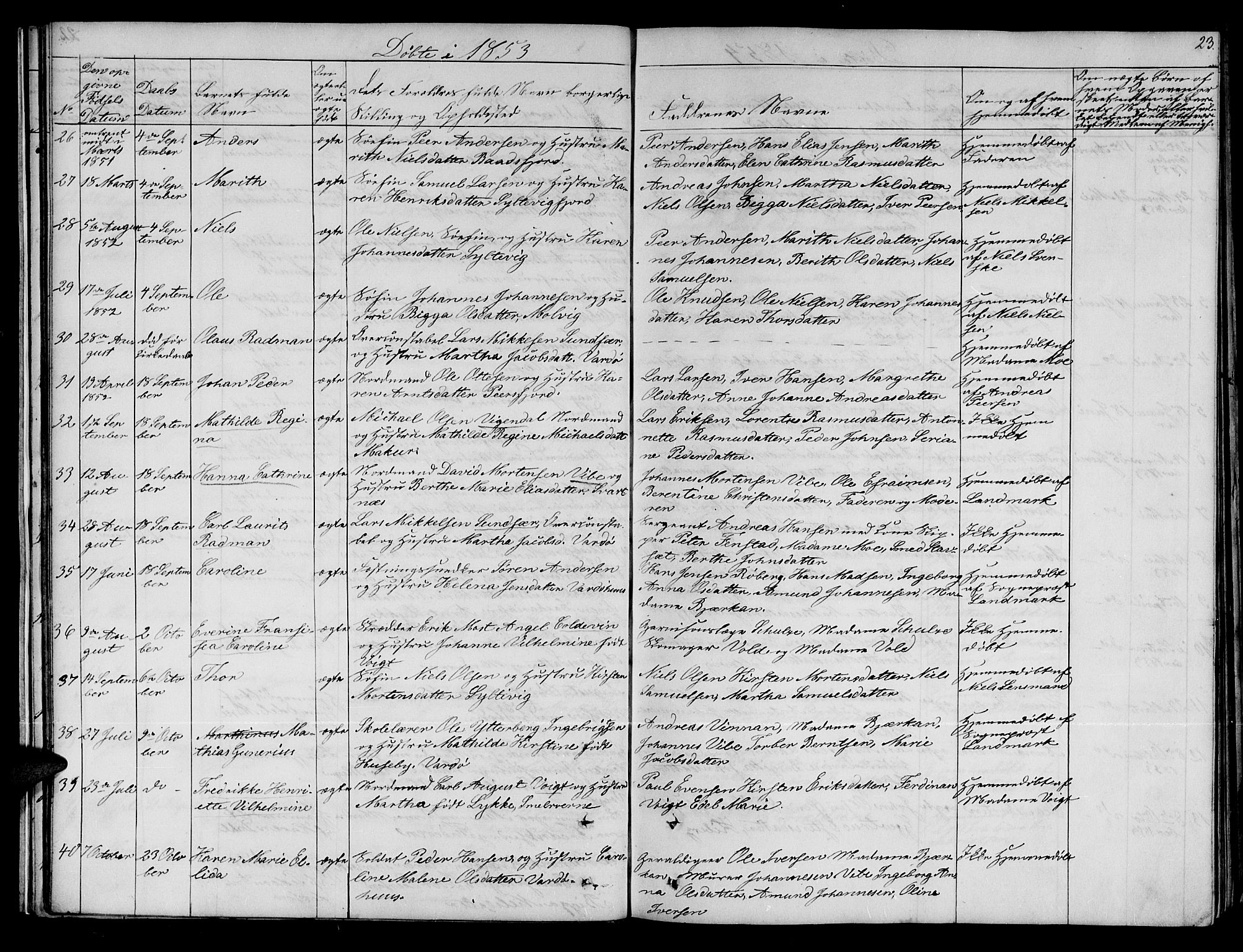 Vardø sokneprestkontor, AV/SATØ-S-1332/H/Hb/L0001klokker: Parish register (copy) no. 1, 1844-1861, p. 23