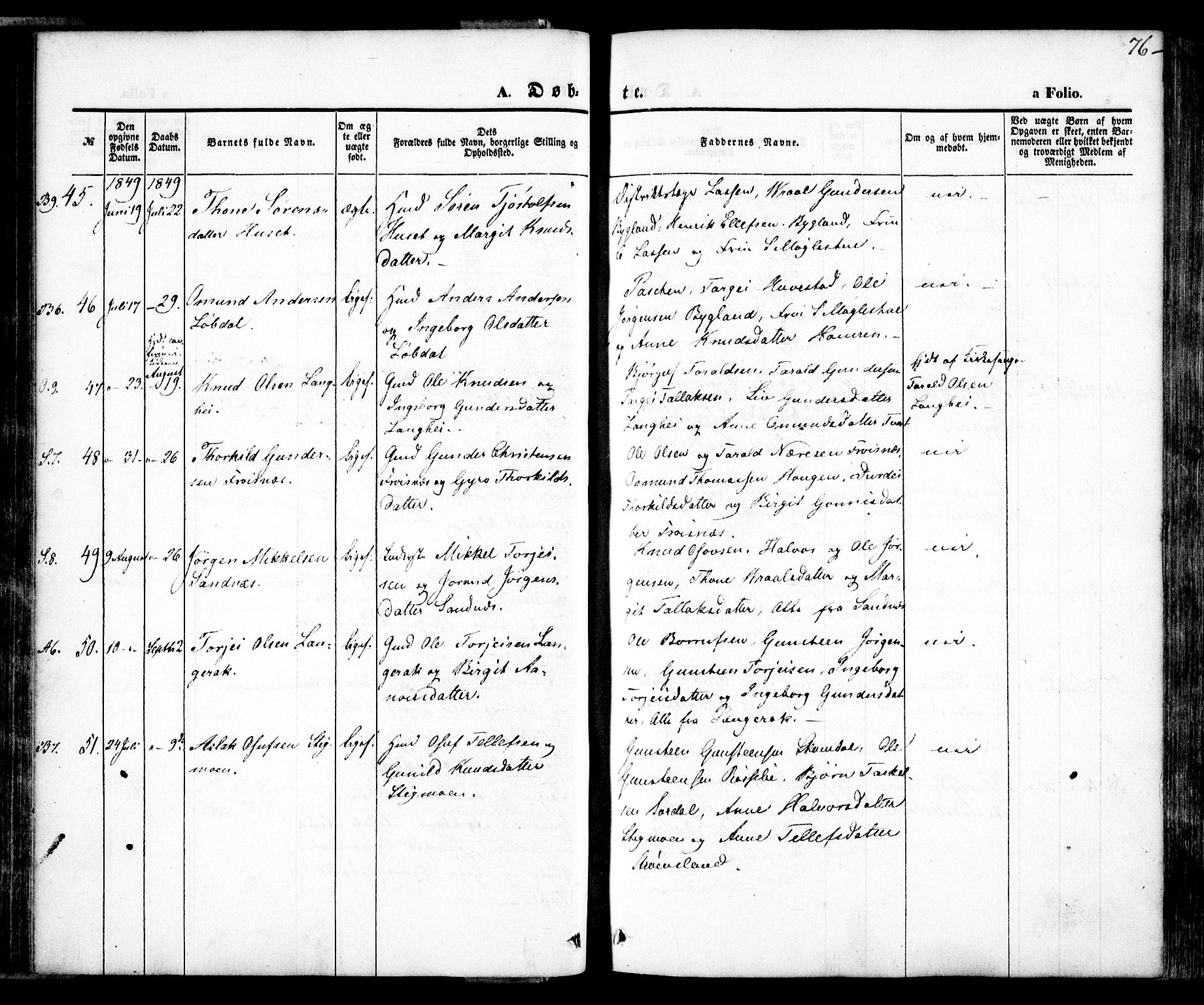 Bygland sokneprestkontor, SAK/1111-0006/F/Fa/Fab/L0004: Parish register (official) no. A 4, 1842-1858, p. 76