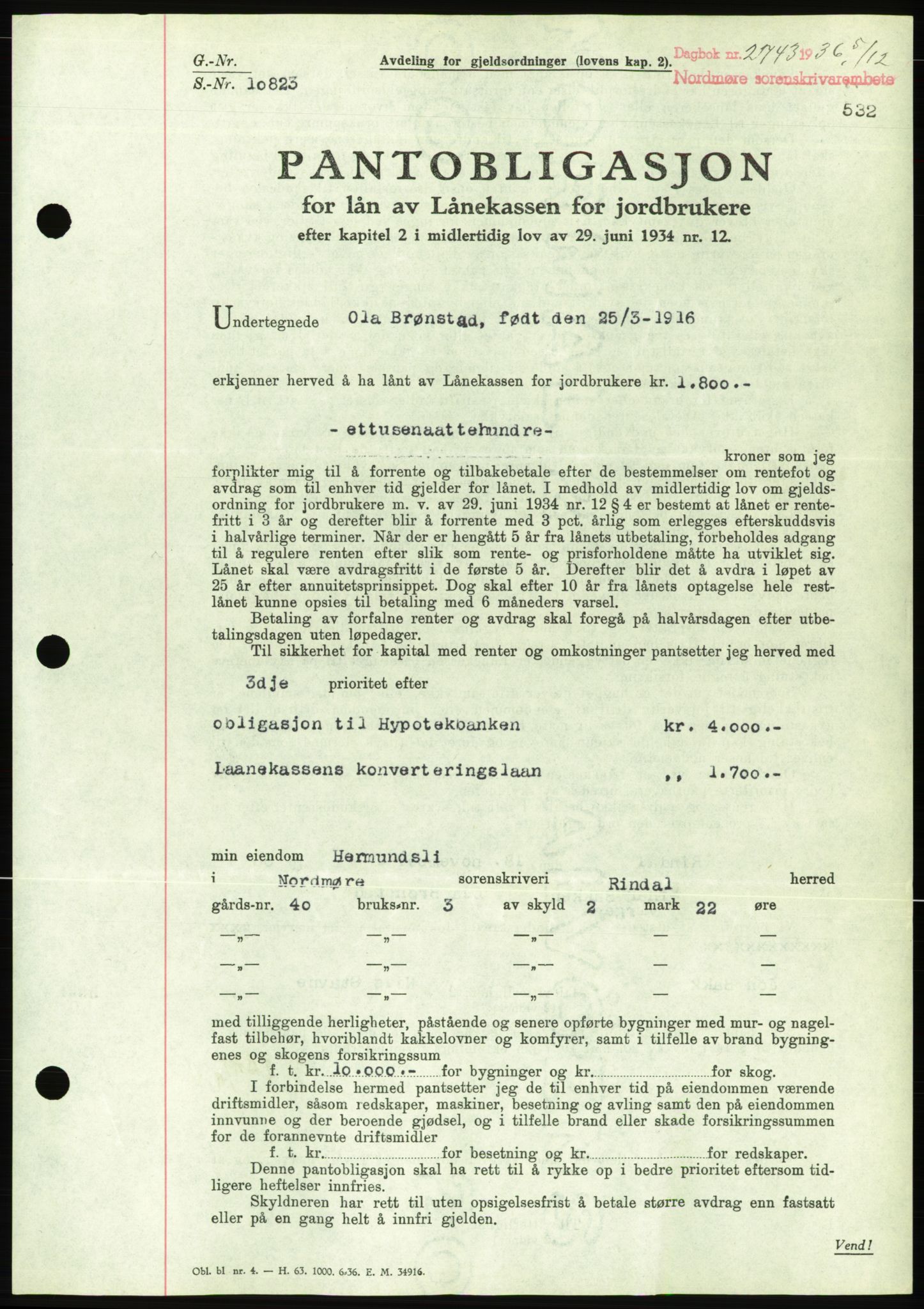 Nordmøre sorenskriveri, AV/SAT-A-4132/1/2/2Ca/L0090: Mortgage book no. B80, 1936-1937, Diary no: : 2743/1936