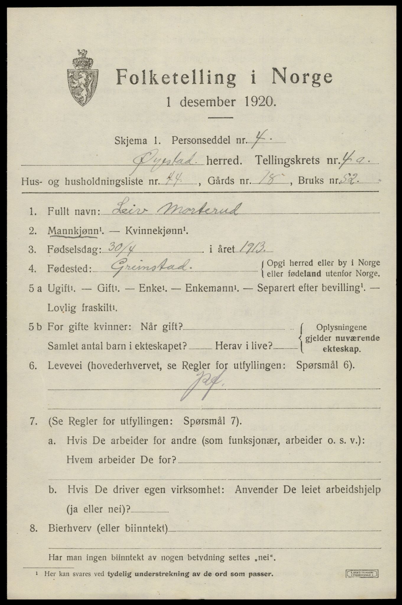 SAK, 1920 census for Øyestad, 1920, p. 3608