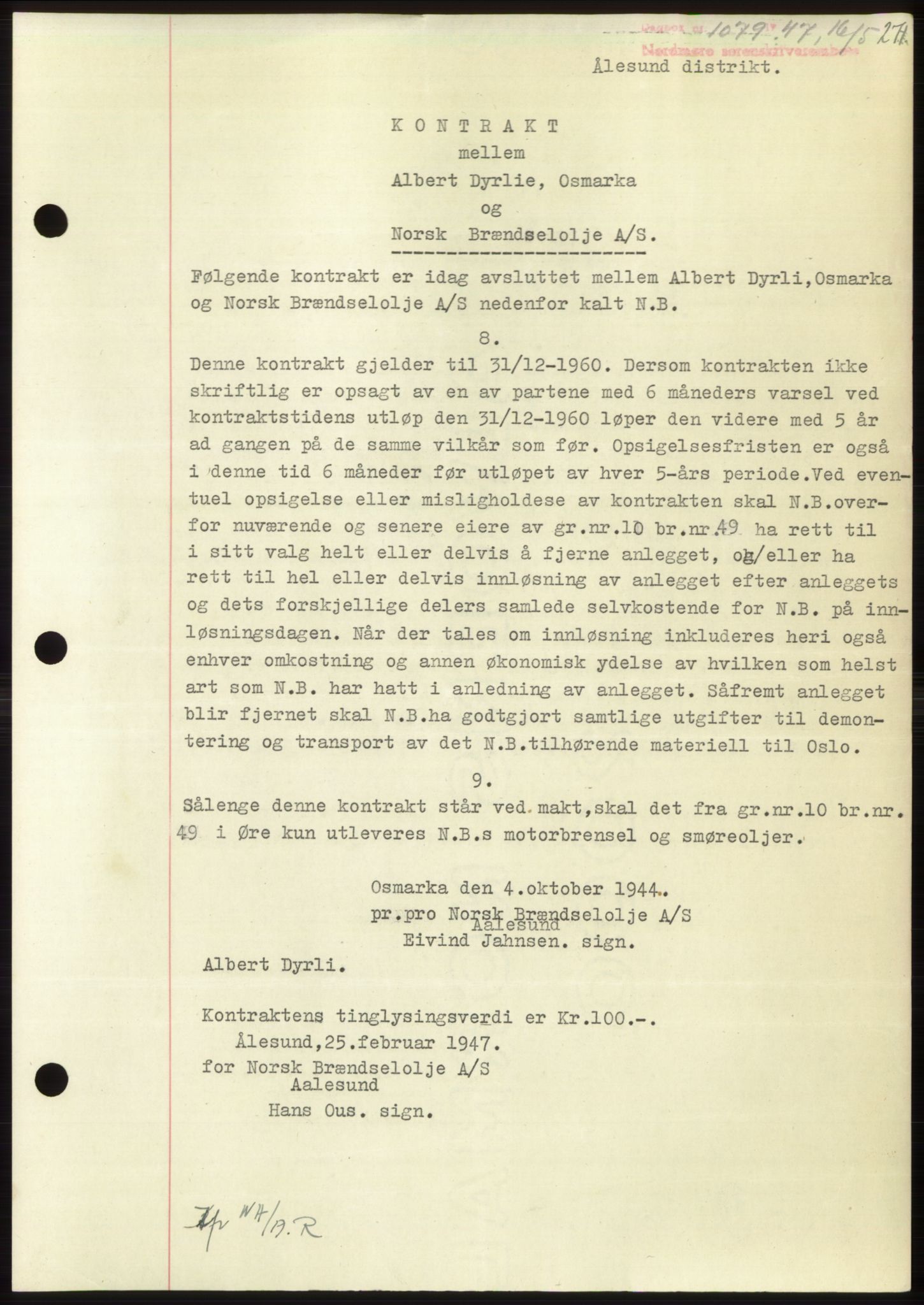 Nordmøre sorenskriveri, AV/SAT-A-4132/1/2/2Ca: Mortgage book no. B96, 1947-1947, Diary no: : 1079/1947